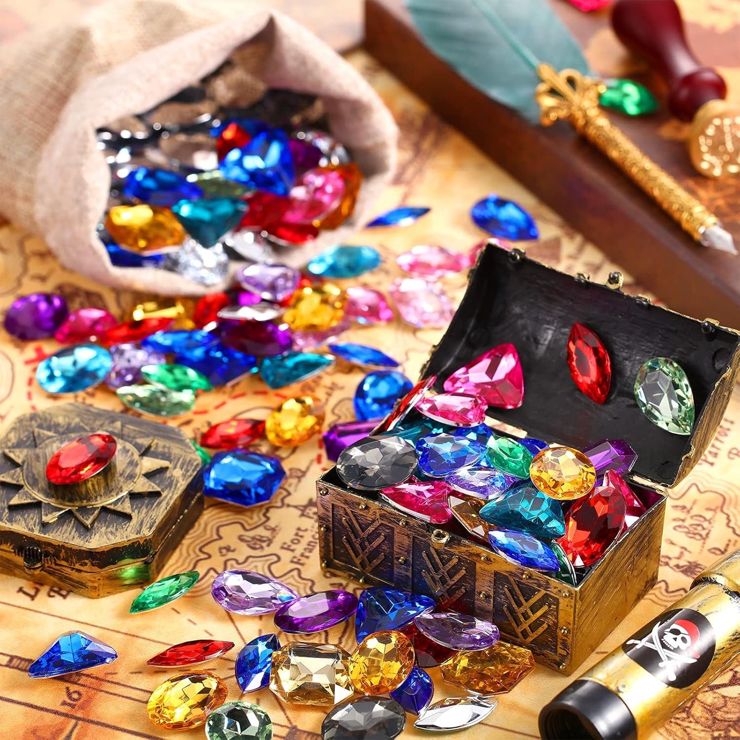 100 Pieces Toy Gems Pirate Treasure Jewels Fake Acrylic Gems Multicolor Bling Diamonds Plastic Gemstones with a Drawstring Bag for Party Table Decorations Sensory Bin Filler Pirate Party Favors