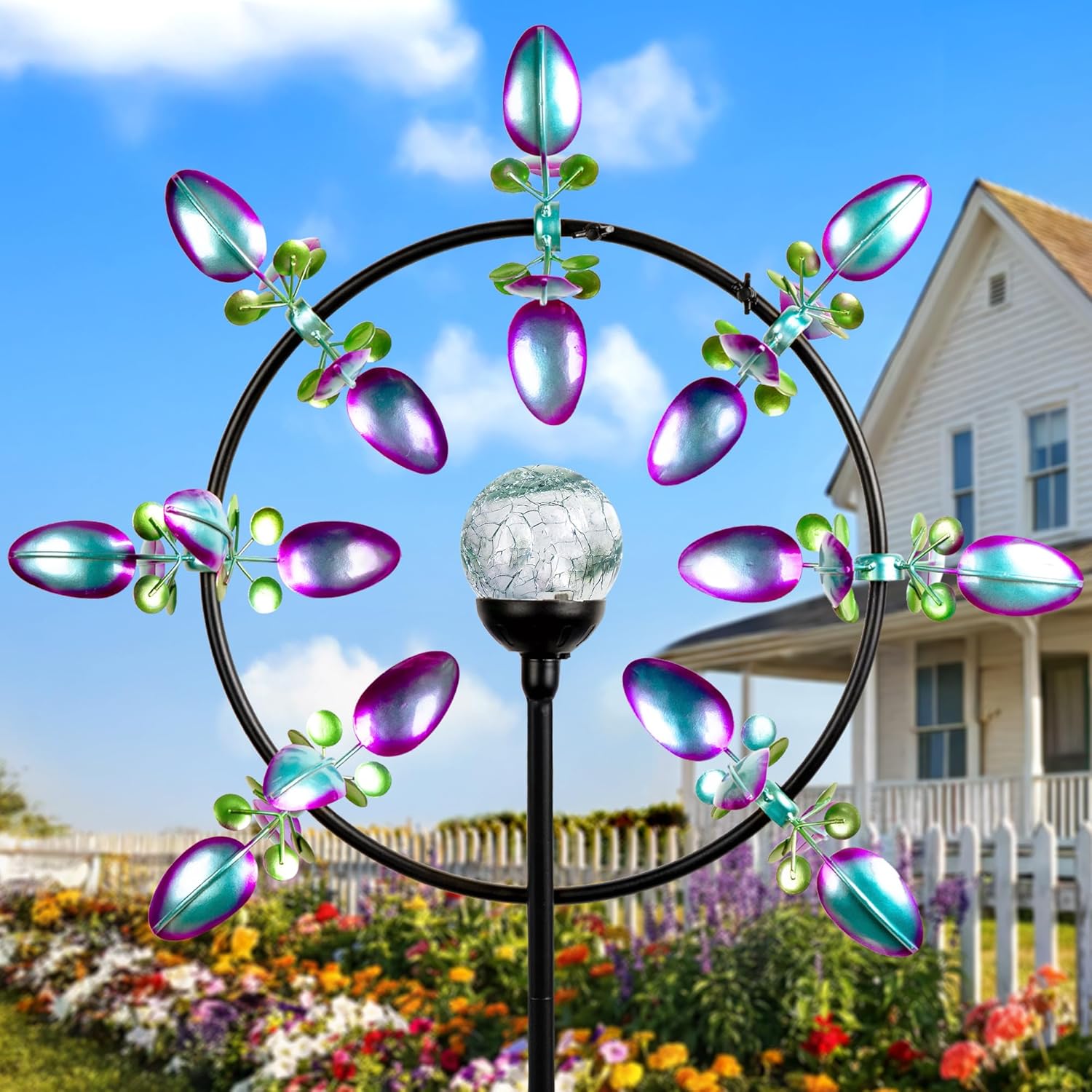 Large Peacock Solar Wind Spinner Outdoor - Metal Kinetic Sculptures wi