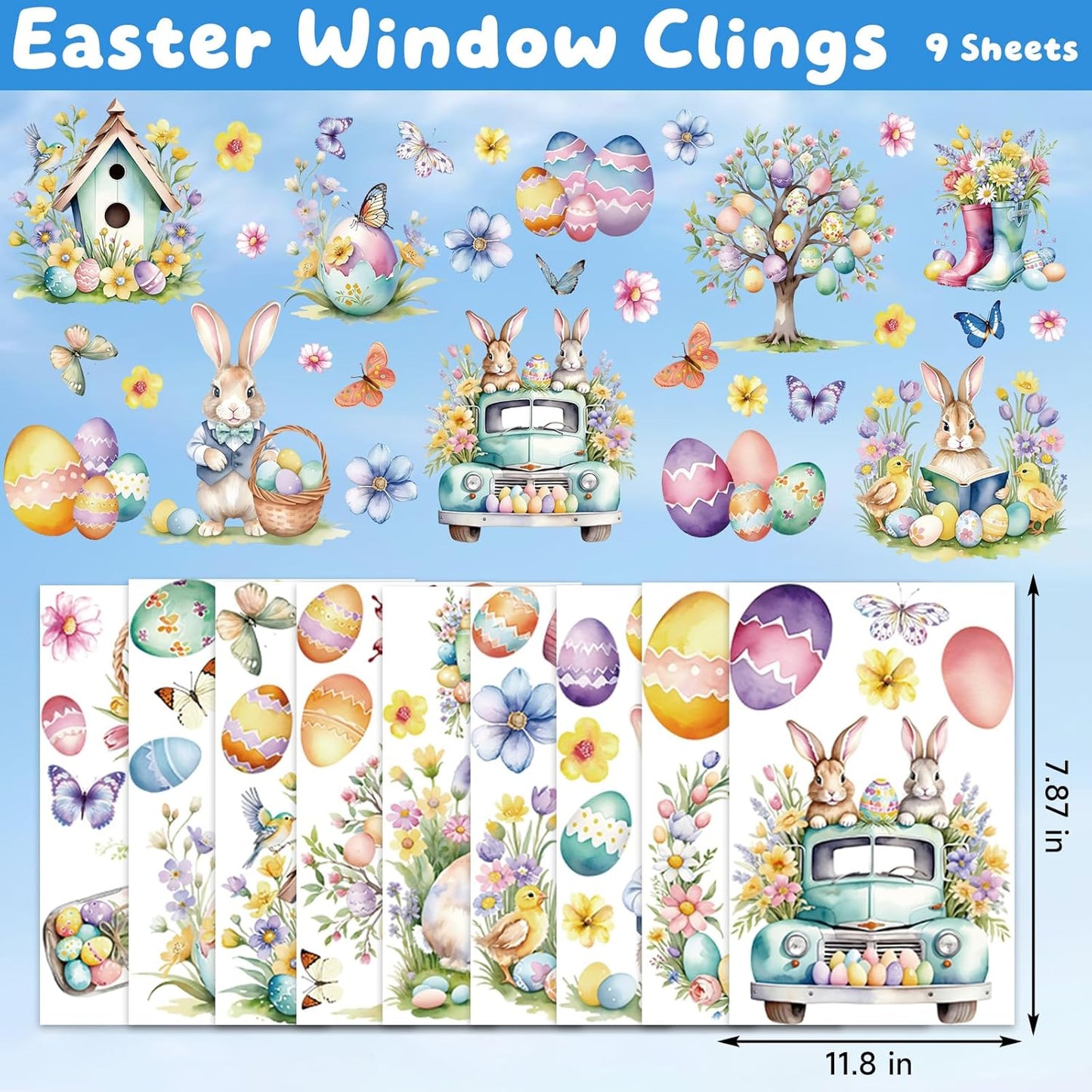 9 Sheets Easter Window Clings for Glass Windows - Watercolor Bunny & Egg Holiday Window Stickers - Spring Decorations for Home, Office & Classroom - Double-Sided Static Decals