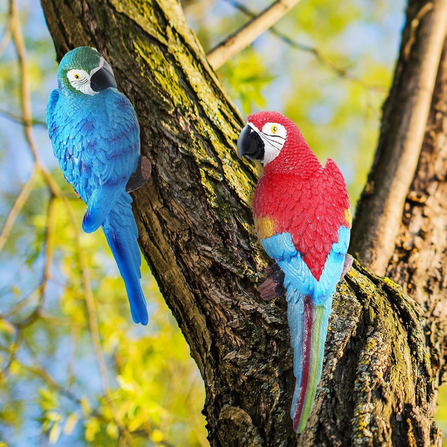 2 Pieces Parrot Decor Outdoor Tiki Bar Decorations Large Realistic Parrot Statues for Outside Lifelike Bird Sculptures Garden Patio Yard Lawn Figurines for Tropical Animal Tree Wall (Red,Blue)