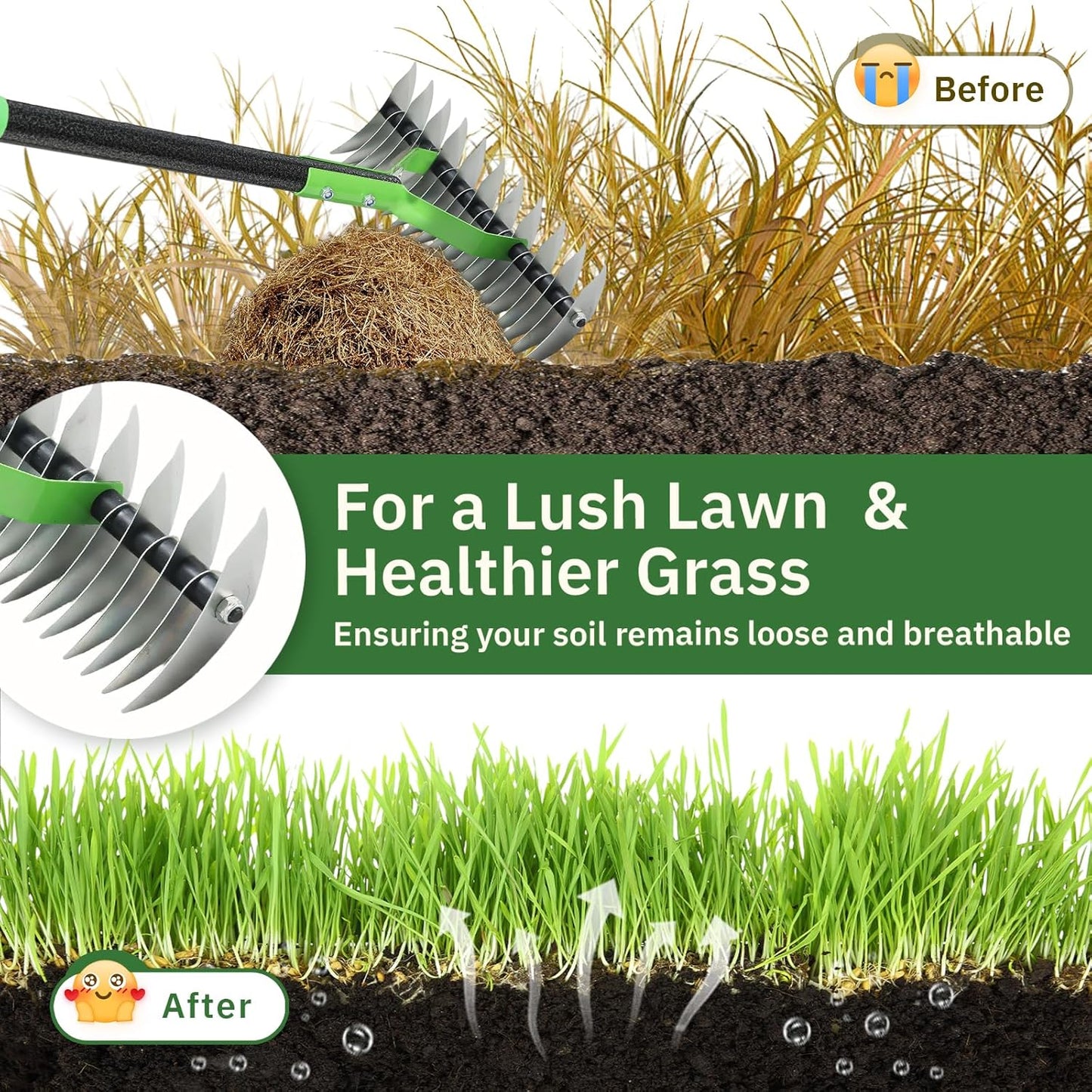 Thatch Rake, 13" Wide Efficient Dethatcher Rake with 55" Adjustable Lo