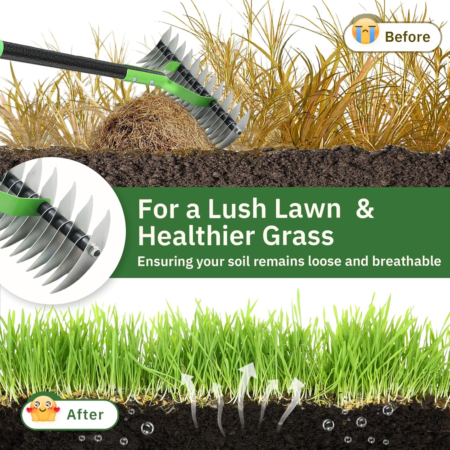 Thatch Rake, 13" Wide Efficient Dethatcher Rake with 55" Adjustable Lo