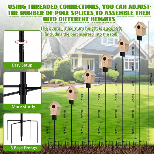 Juexica 2 Set Bird House Poles for Outdoors, 108 Inch/9ft Birdhouse Stands 5 Base Prongs Heavy Duty Adjustable Universal Mounting Pole for Bluebird Hummingbird Wild Birds(Bird House is Not Included)