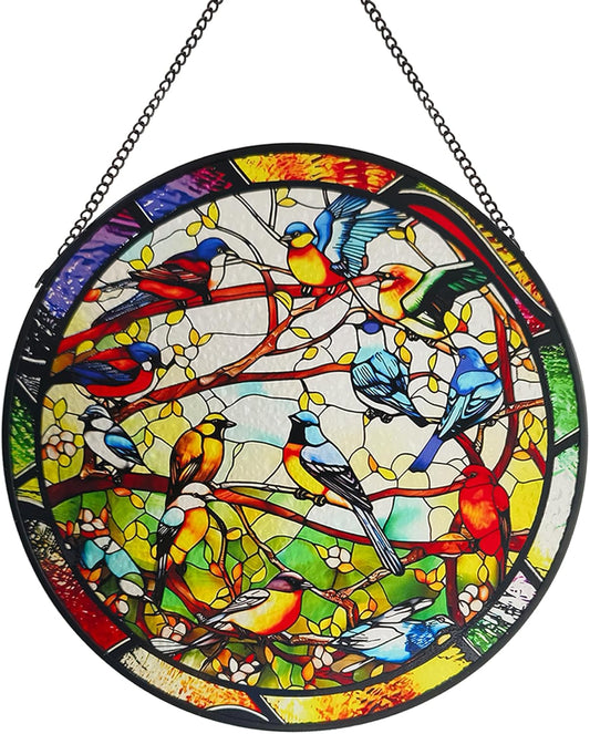 Birds Stained Glass Window Hanging, 9.8'' Birds on Branch Suncatcher for Windows Hanging Wall Art Home Garden Office Decor Christmas Birthday Gifts