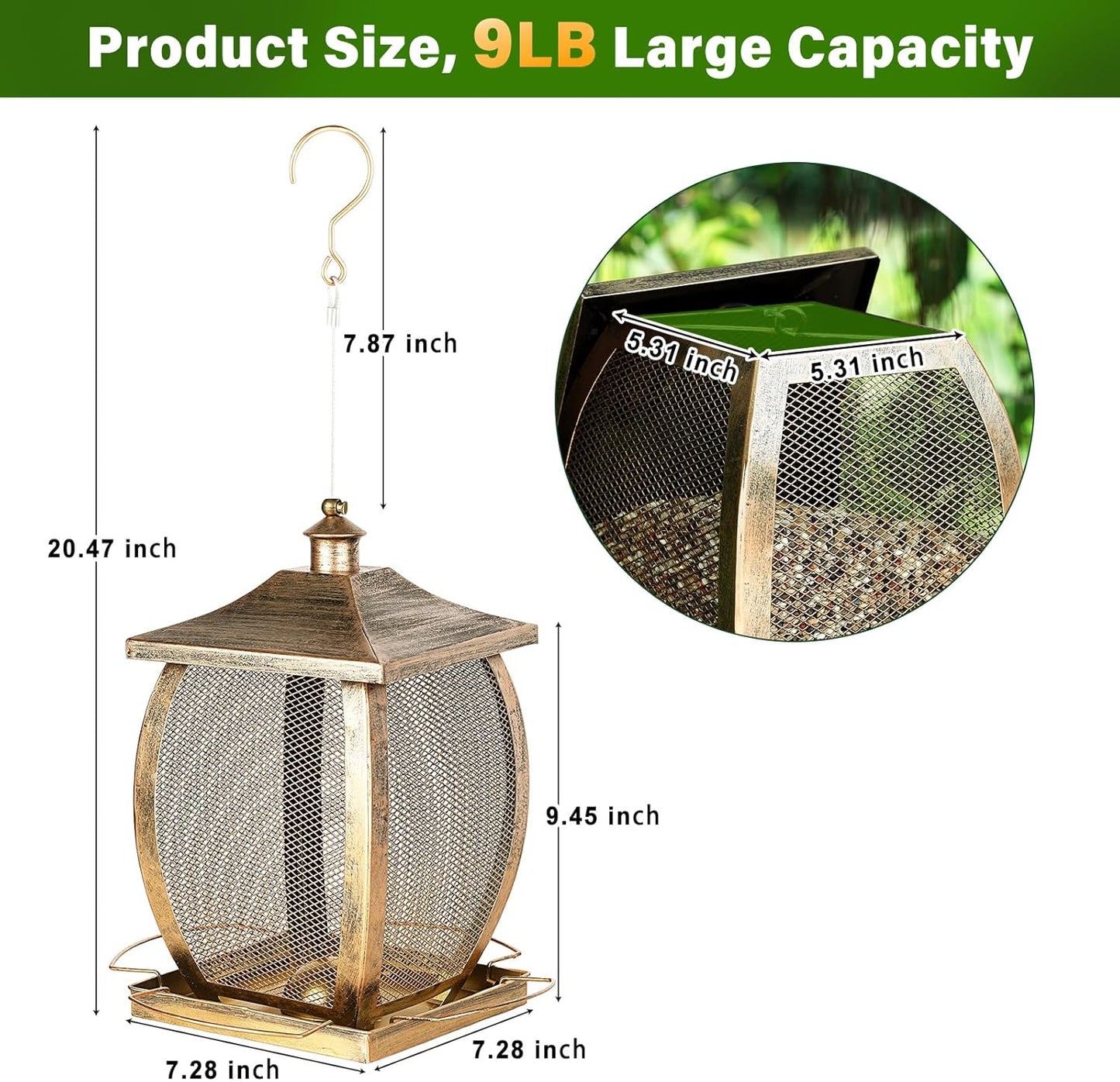 Bird feeders for Outdoors, Heavy Duty Metal Wild Bird Feeders for Outside Hanging, 9 Lbs Extra Large Capacity Retro Lamp Shape Birdfeeder for Garden Yard Outside Backyard, Easy Fill
