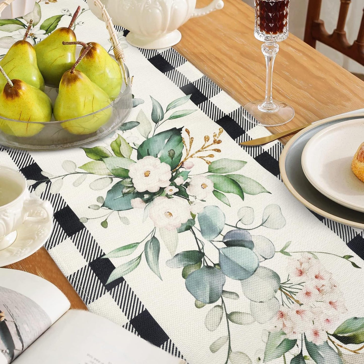 Bonhause Green Eucalyptus Leaves Flowers Table Runner 13x72 Inch Black White Buffalo Plaid Spring Plants Kitchen Dining Table Decoration for Indoor Outdoor Home Party Decor