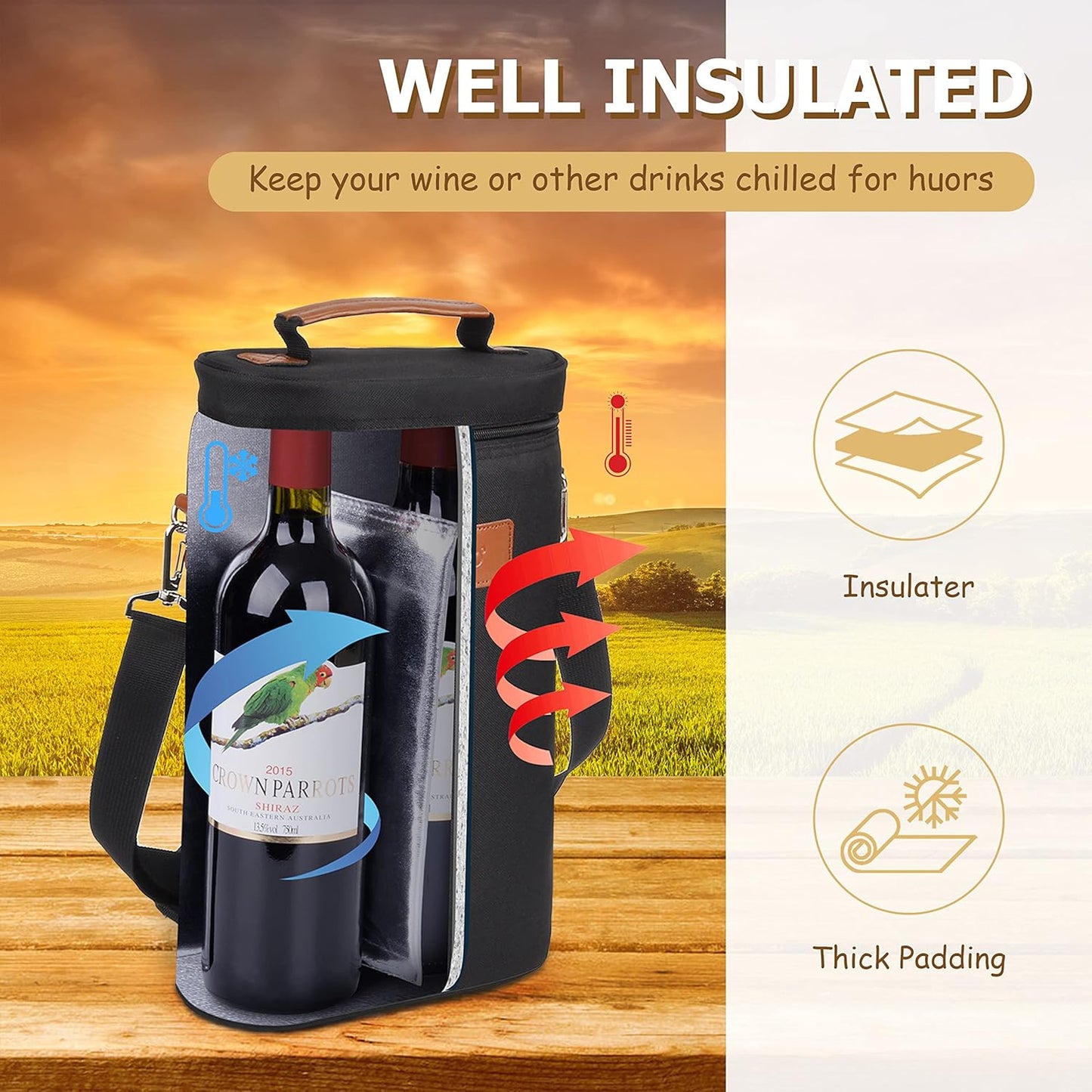 Tirrinia 2 Bottle Leakproof Insulated Wine Tote Carrier Bag - Padded C