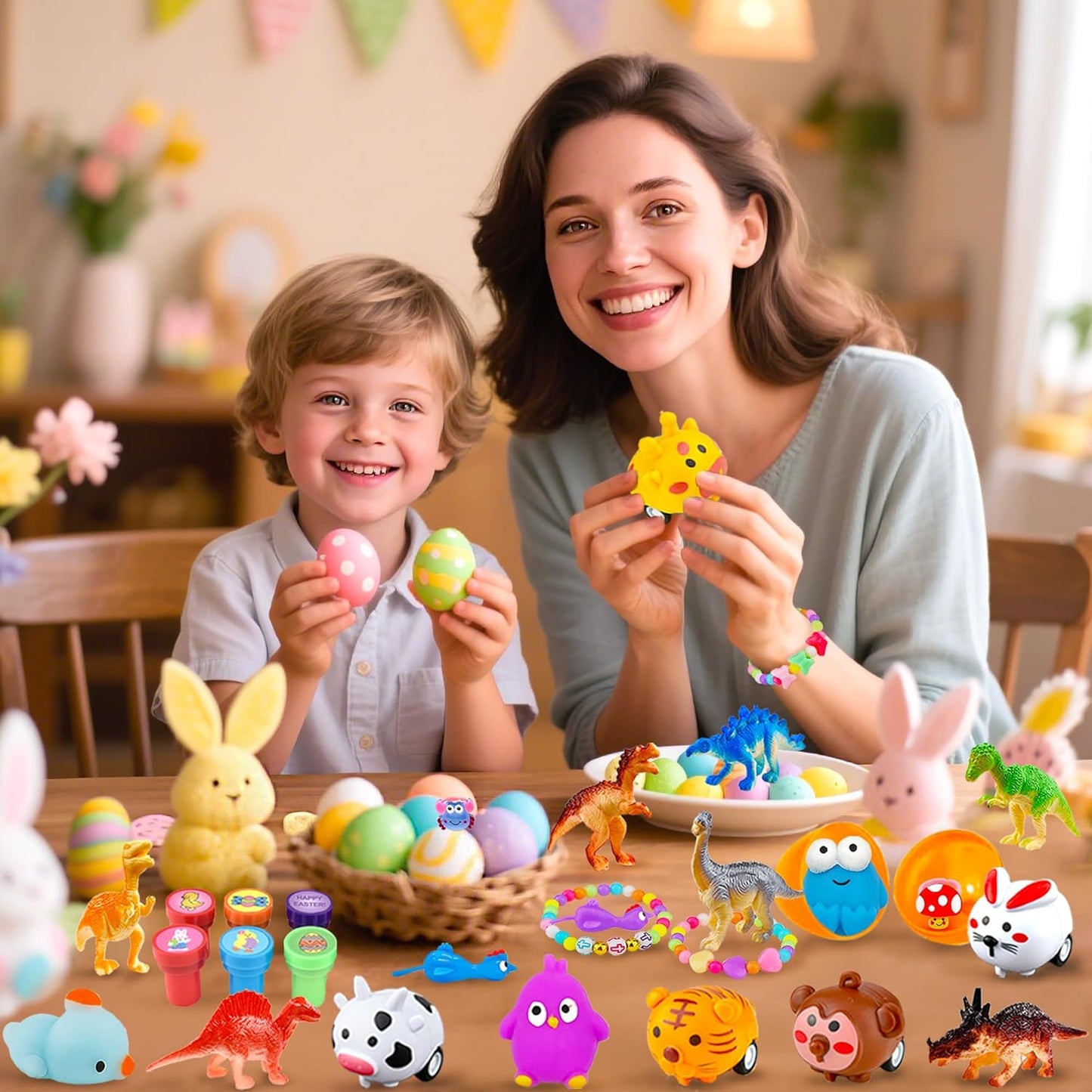 Beser 318 pcs filled Easter Eggs with Toys Easter Egg Fillers 100 pack Easter egg wtih 218 Toys inside Small Toys for Easter Eggs Filled Easter Basket Stuffers Favors for Kids Toddlers Boys Girls