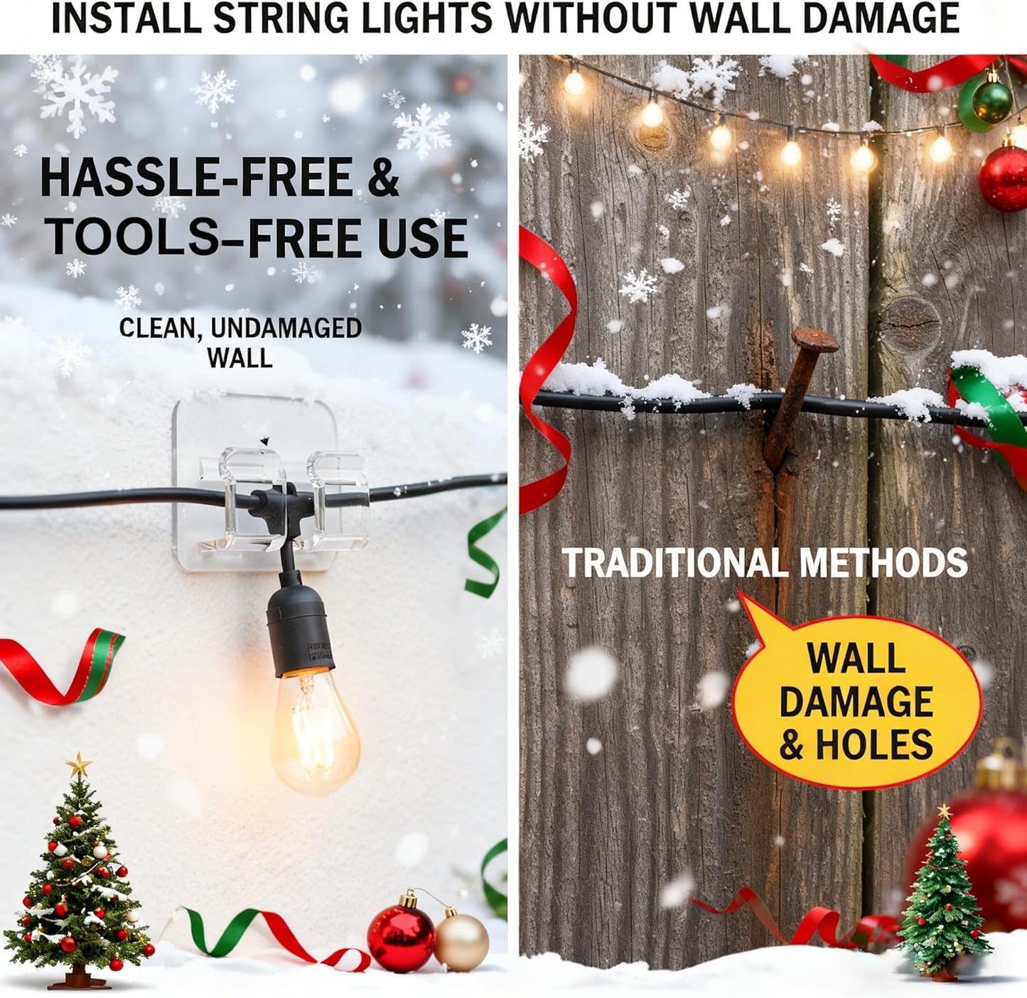 40 Pack Large Outdoor String Light Hooks - Reusable & Waterproof Adhesive Clips for Patio & Garden - Damage-Free, Clear Wire Holders for Christmas Garland, Decoration & Cable Management