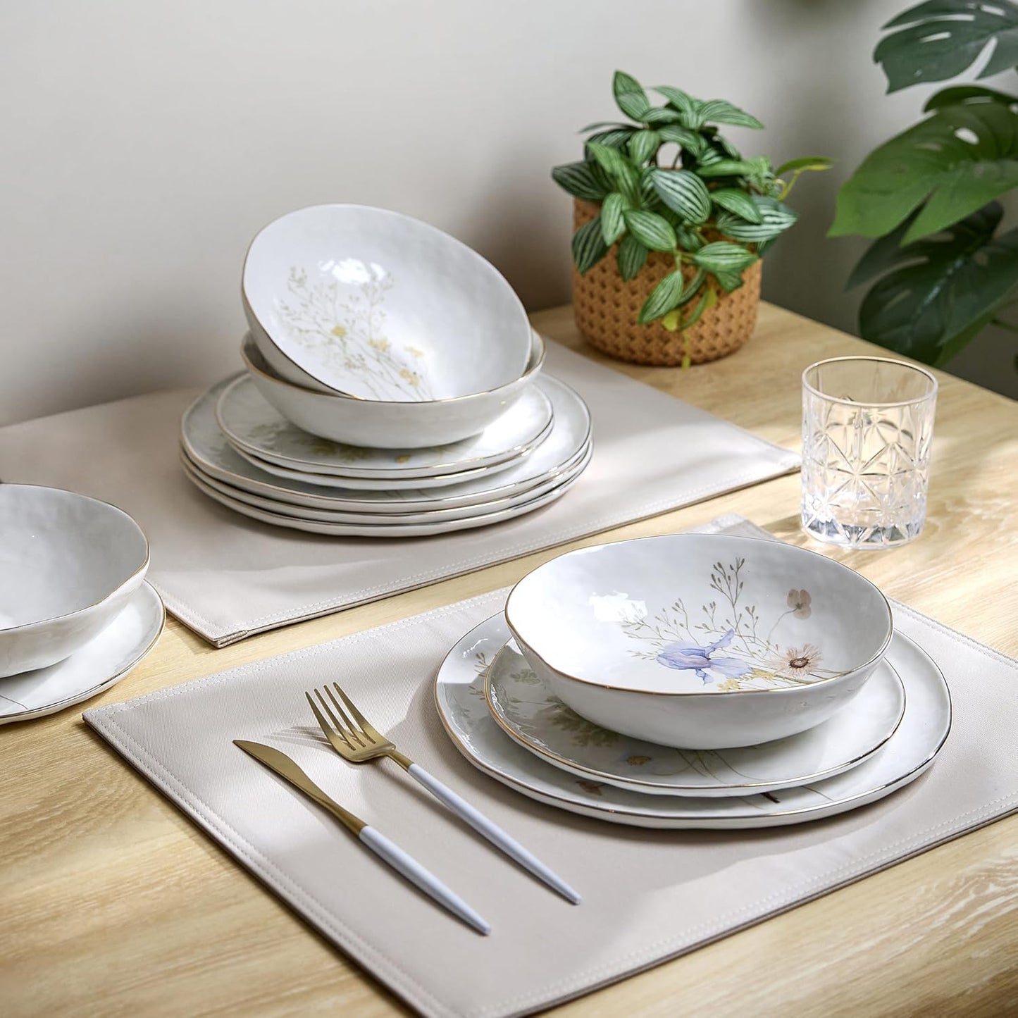 Sango 12-Piece Luxury Porcelain Dinnerware Set for 4- Glossy White Pla
