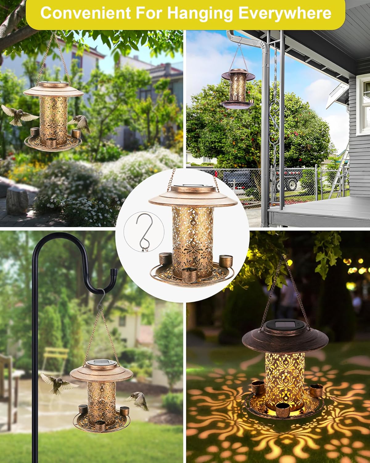 Solar Bird Feeders for Outdoors, Metal Hanging Bird Feeder with 3 Water Cups,Rust Resistant, Solar Garden Lantern for Outdoors Decor,The Perfect Choice for Gift(2.5LB)