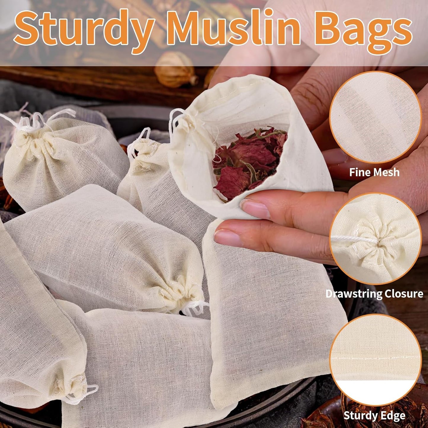 60 Pcs Empty Spice Bags for Cooking Soup, 3x4 In Natural Muslin Drawstring Bag, Reusable Tea Bags for Loose Tea, Small Cheese Cloth Cotton Bag for Straining, Unbleached Cheesecloth Herb Sachet Bag