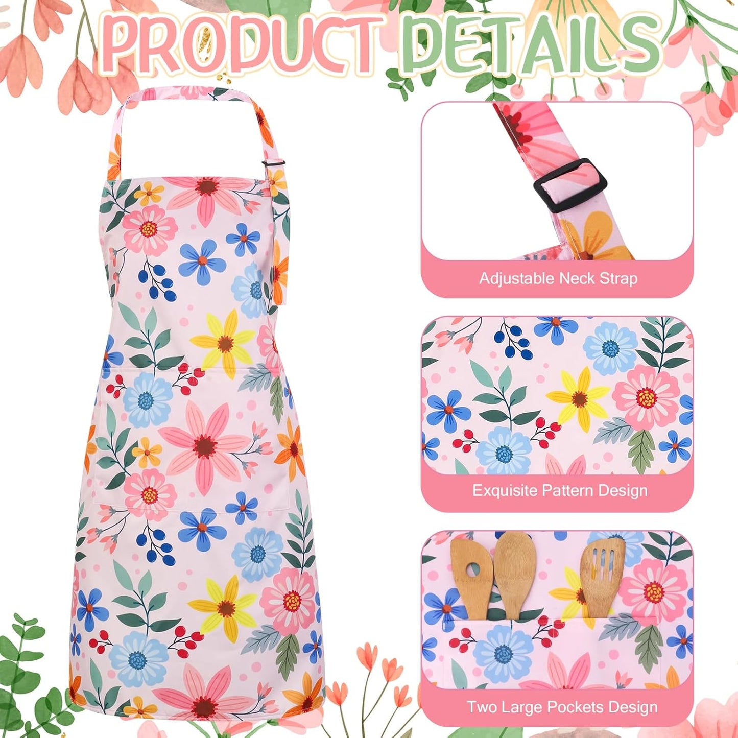 2 Pack Floral Apron for Women with Pockets, Adjustable Kitchen Chef Ap