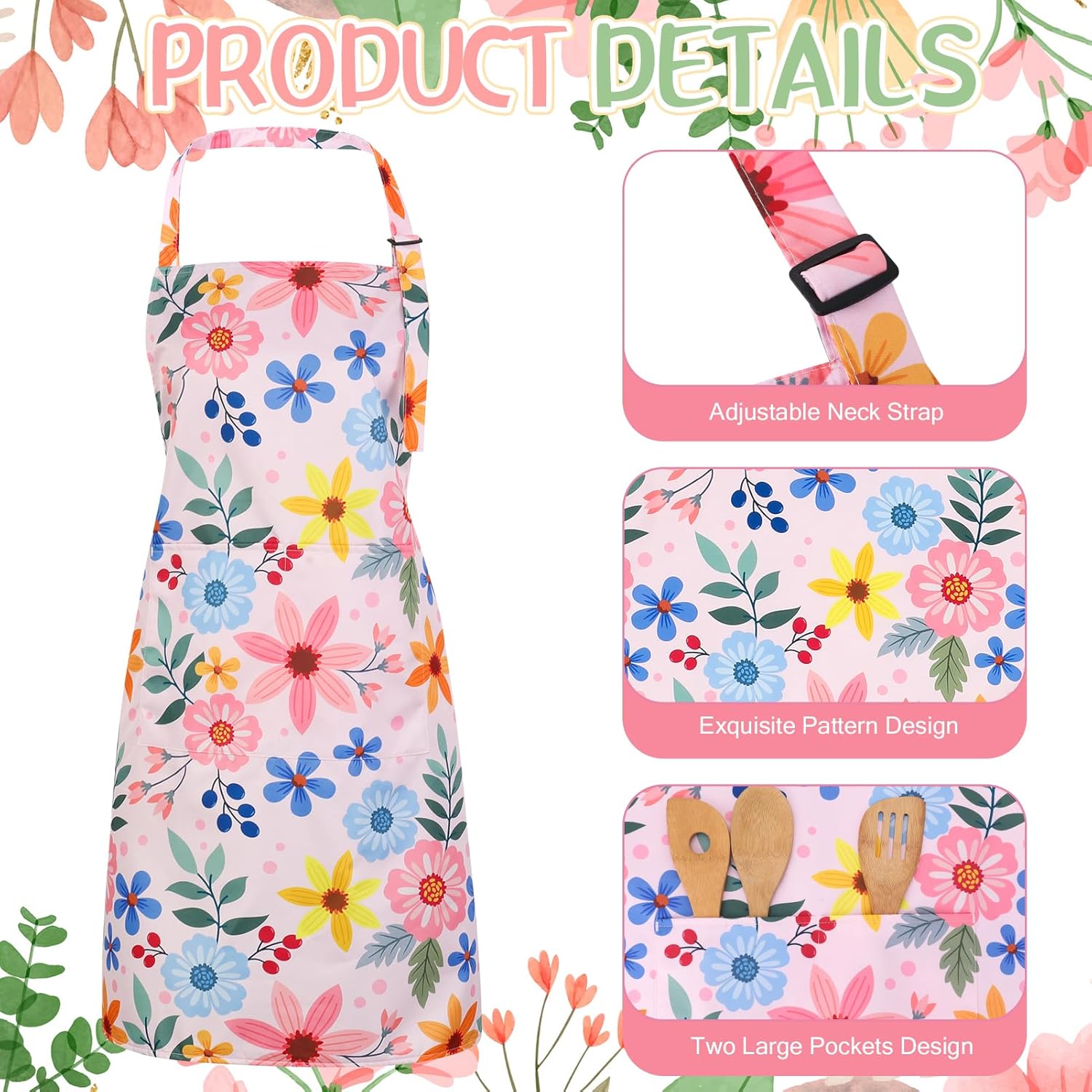 2 Pack Floral Apron for Women with Pockets, Adjustable Kitchen Chef Ap