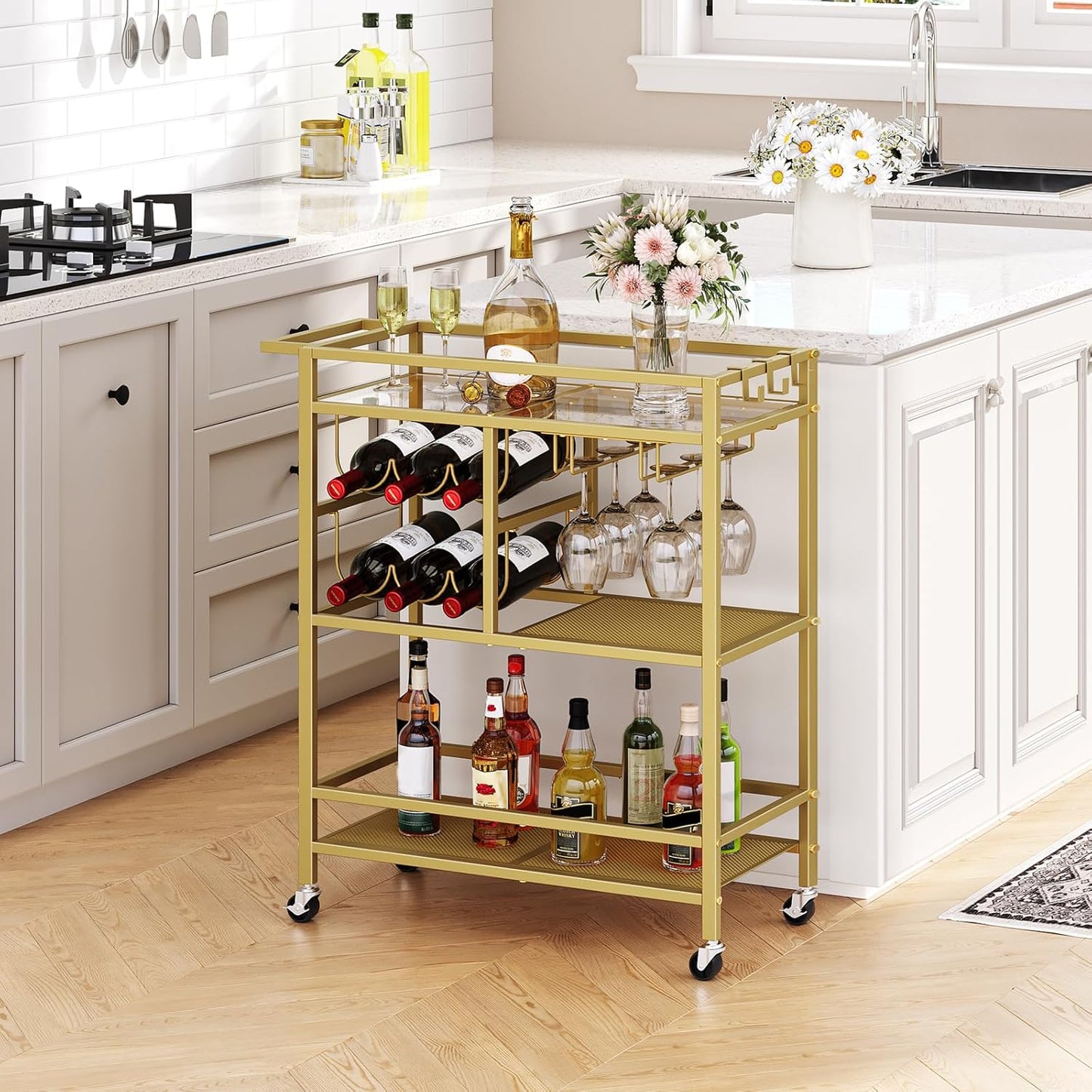 Bar Cart for Home, 3-Tier Serving Cart with Wheels and Handle, Beverag