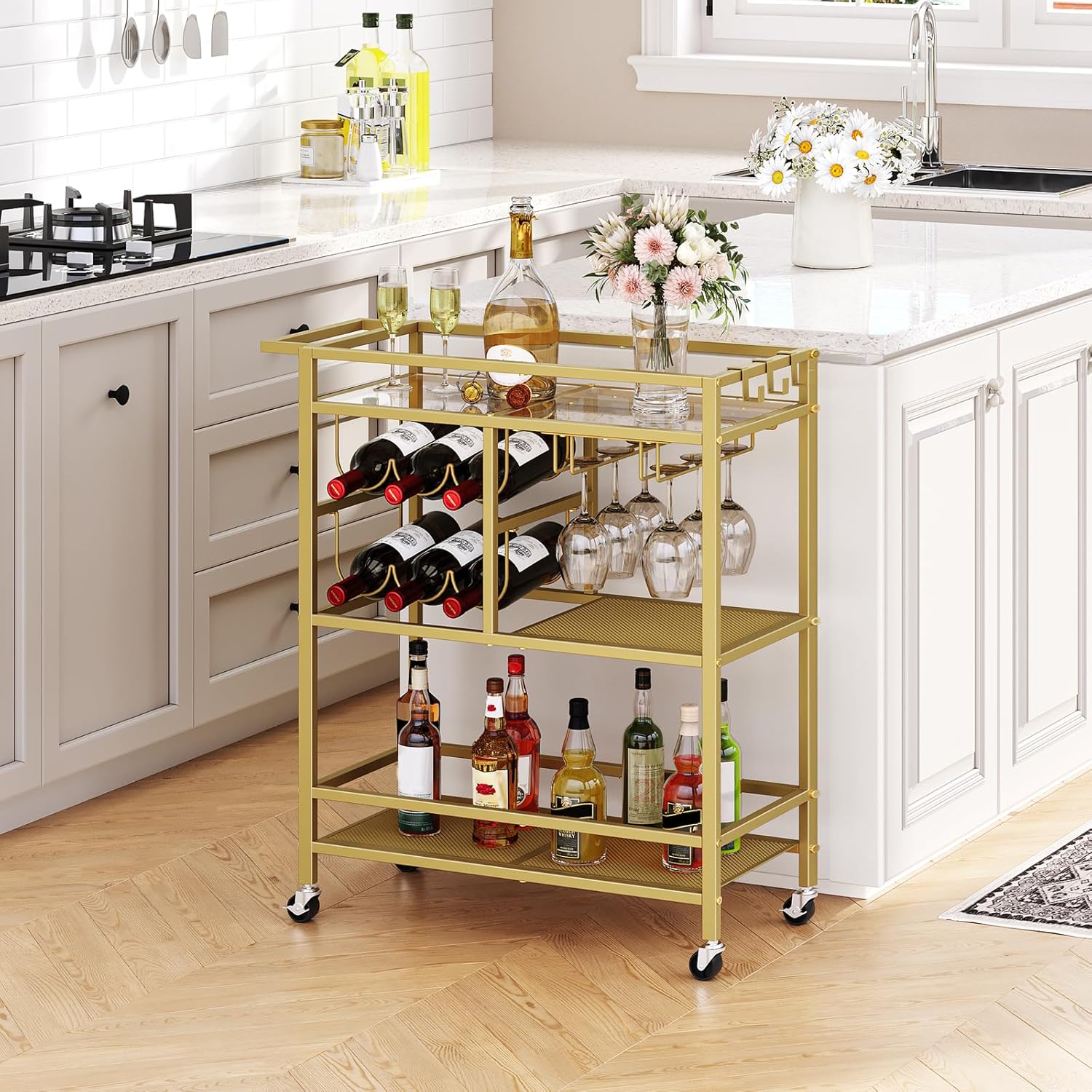 Bar Cart for Home, 3-Tier Serving Cart with Wheels and Handle, Beverag