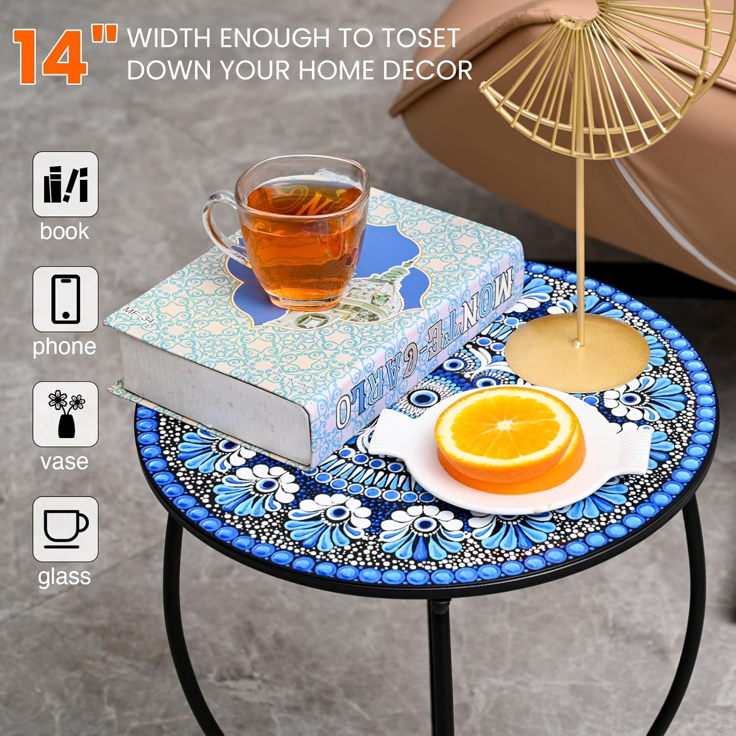 Metal Outdoor Side Table,14" Diameter Round Plant Stand for Flower Pot