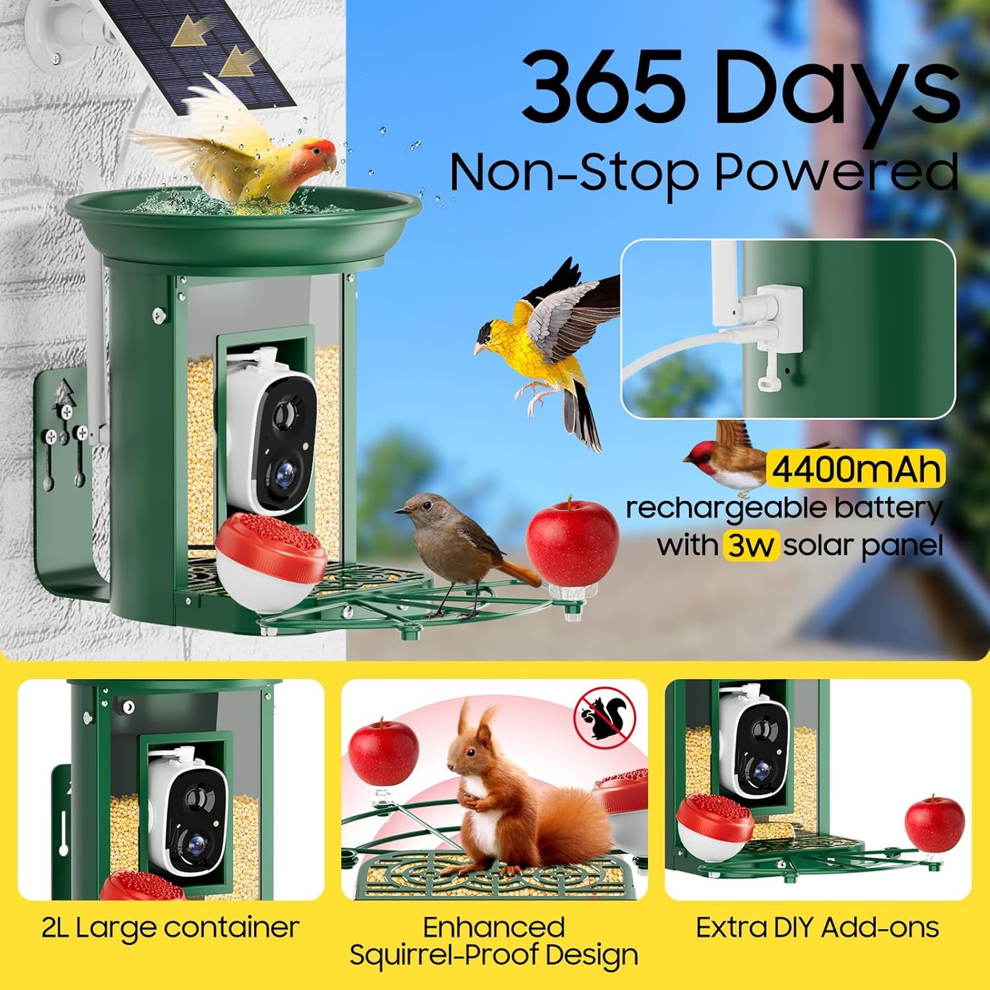 Bird Feeder with Camera,Camii Metal Birdfeeder 2K hd Cameras Birds Species Identified Solar Power Auto Capture Bird & Motion Detection for Video Cameras BirdFeeders for Birds Lovers