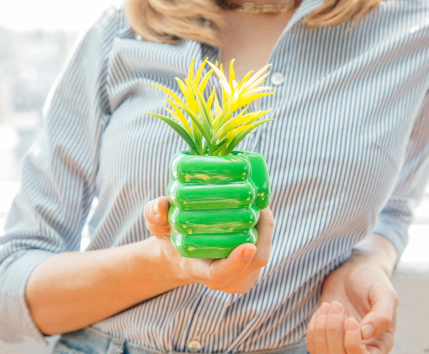 Marvel Comics Hulk Smash Hand 3-Inch Ceramic Mini Planter with Artificial Succulent | Cute Small Flower Pot, Faux Indoor Plant