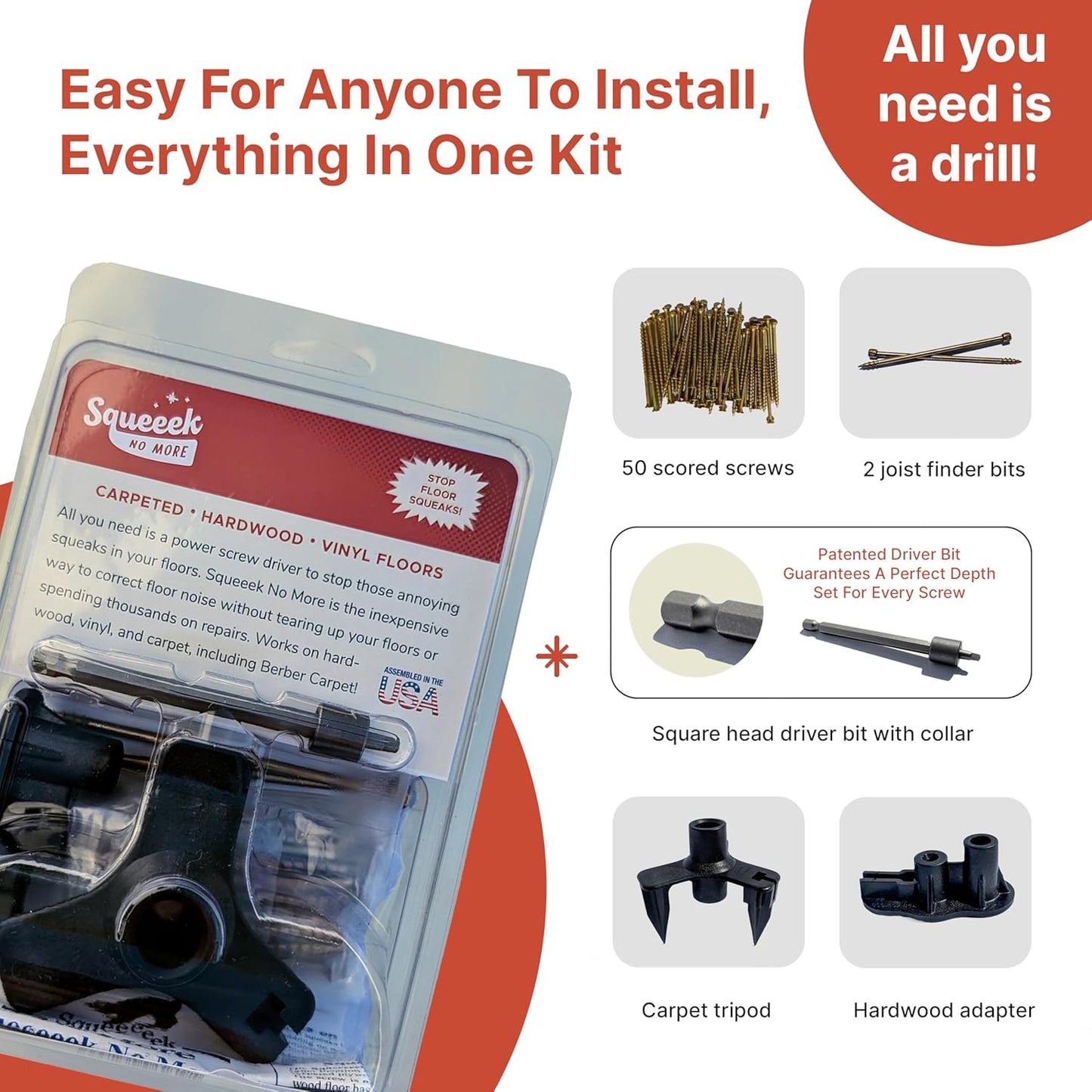Squeaky Floor Repair Kit for Hardwood, Carpet, Vinyl & Linoleum – Complete Floor Squeak Repair Kit Includes Joist Finder Drill Bits, Tripod Fixture and 50 Counter-snap Screws