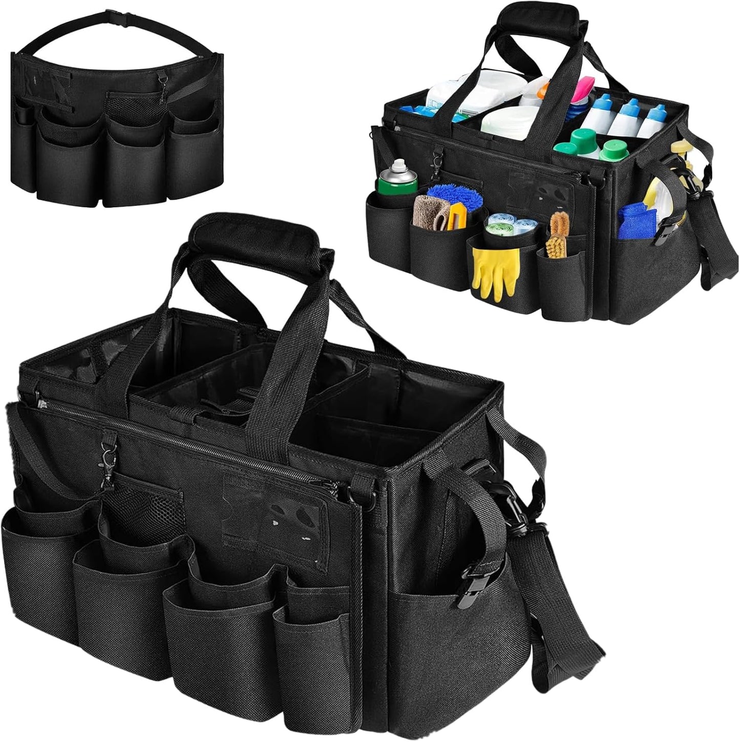 Large Cleaning Caddy Bag with Removable Apron, Wearable Cleaning Bags for Housekeepers, Utility Tool Tote for Kitchen, Garden & Car Detailing, Cleaning Supplies Organizer(Black)