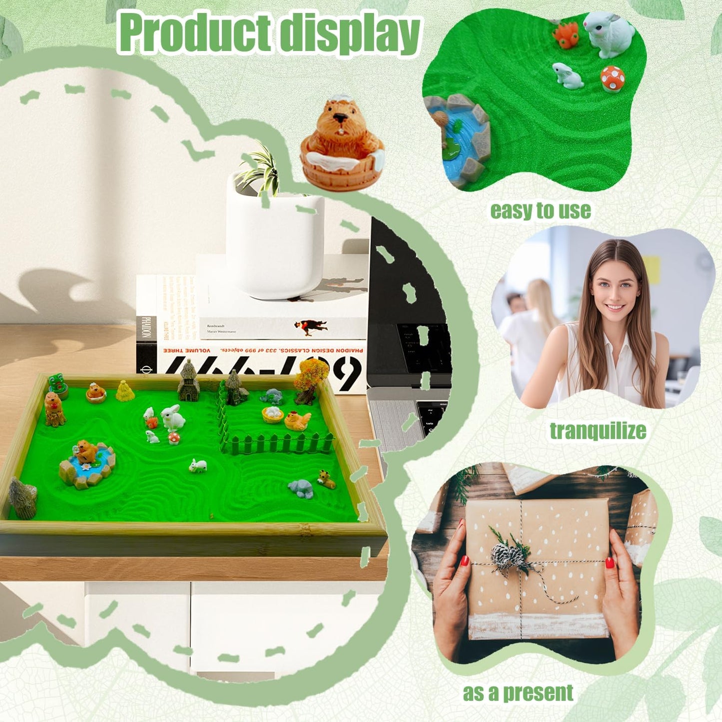 33 Pcs Zen Garden For Desk，Mini Zen Garden，Japanese-Style Home Gift Set Featuring A Wooden Tray With Rake-Shaped Mini Ornaments, Perfect For Desk Decoration, Bedroom Nightstands, And More.