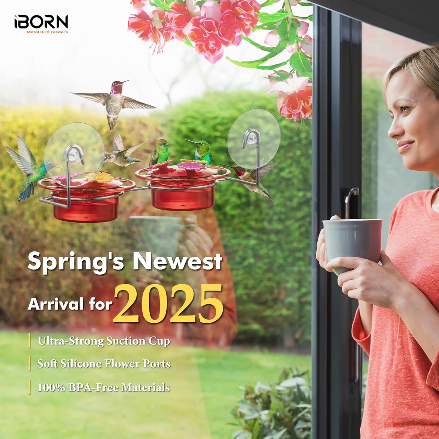 iBorn Window Hummingbird Feeder Hummingbird Feeder with Strong Suction Cup Mini Humming Bird Feeders for Outdoors, Bee-Proof Feeding Ports & Stainless Steel Base, 3oz, 2025 New