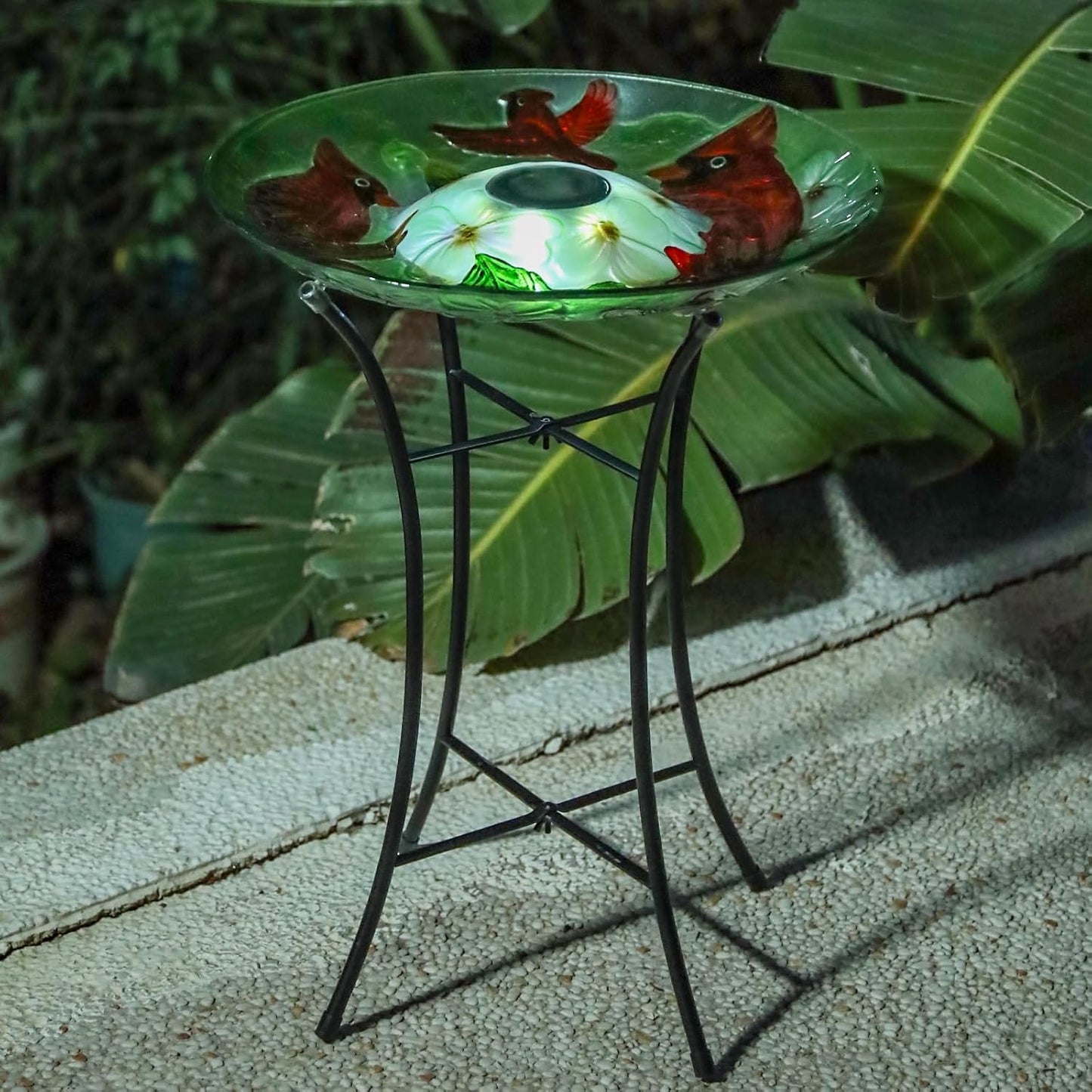 MUMTOP Glass Bird Baths for Outside, 16 Inch Width Outdoor Garden Red Cardinals Bird Bath Bowl with Solar Light and Metal Stand, Large Glass Birdbaths Bird Feeder for Yard Decor, 20 Inch Height