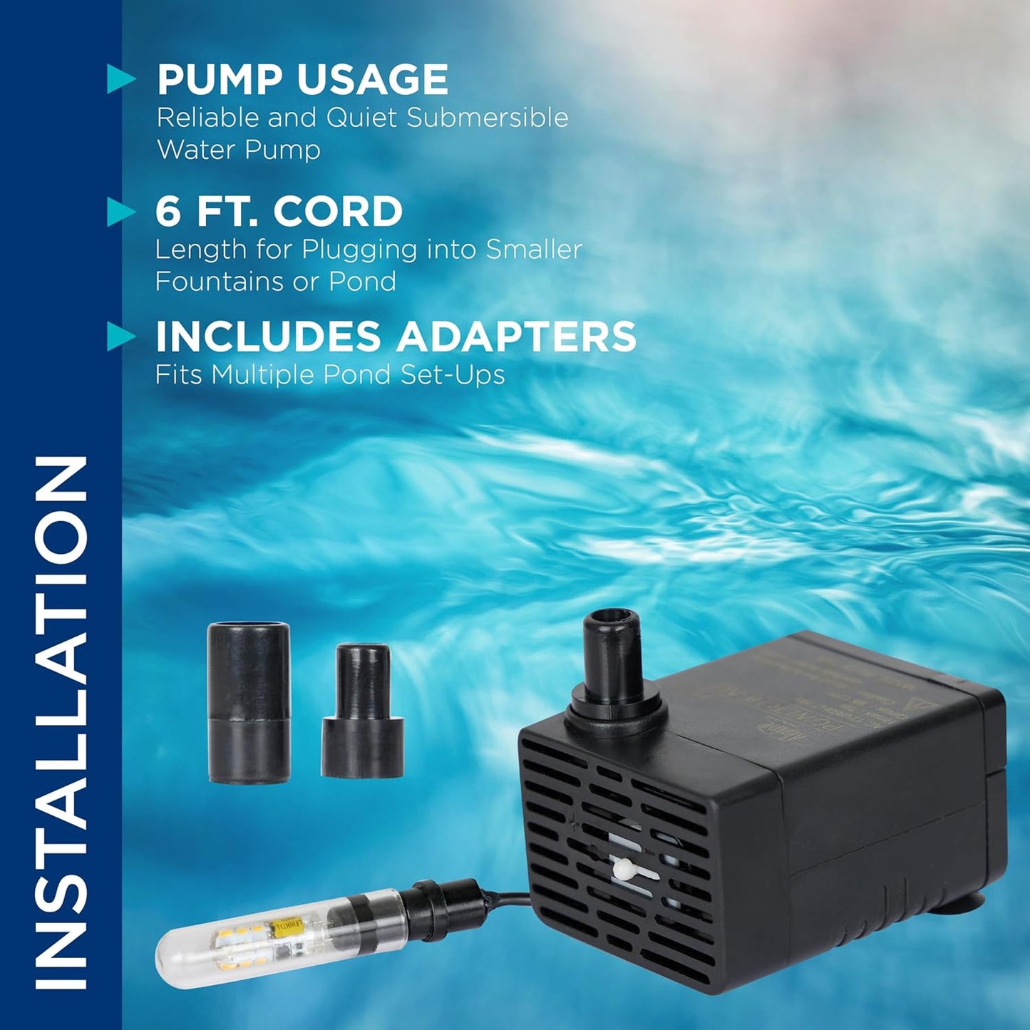 Alpine Corporation Submersible 95 GPH Fountain Pump with 1.5W LED Light for Outdoor Fountains, Birdbaths, Ponds, and Garden Water Features