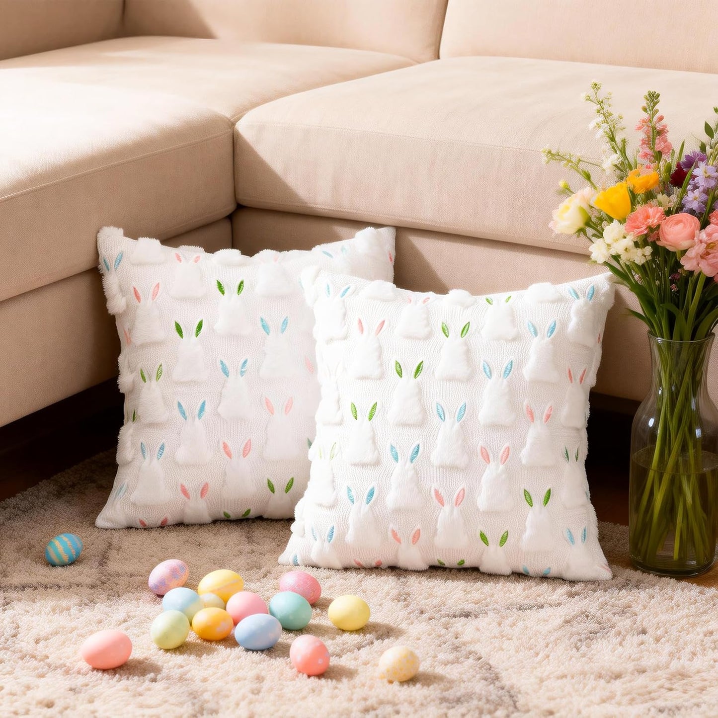 Easter Pillow Covers 18" x 18" Set of 2, Easter Decorations Cute Soft Plush Bunny Throw Pillow, Spring Farmhouse Decorations for Home Sofa Couch Living Room Bedroom