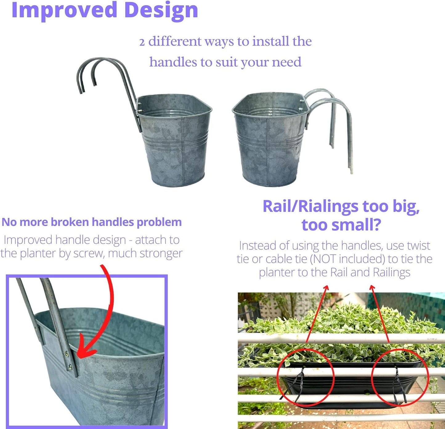 LaLaGreen Outdoor Rail Planter (11.2 Inch, 2 Pack) Silver Metal Iron Hanging Flower Pots Deck Railings Fence Buckets Modern Countryside Boho Style Wall Mount Window Box Plant Holder Hooks Porch Decor