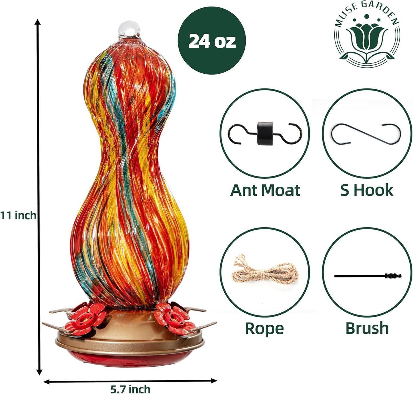 Hummingbird Feeder for Outdoors Hanging, Hand Blown Glass 24 OZ Capaci