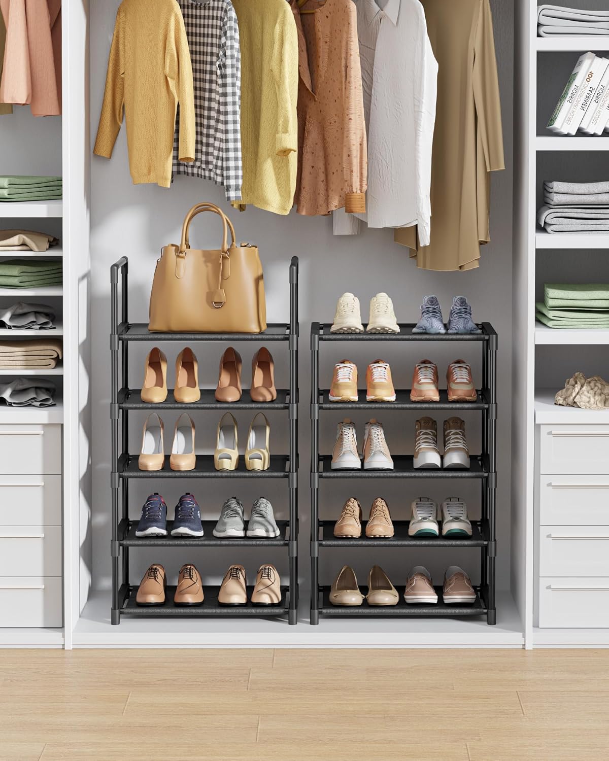 Kitsure Shoe Rack - 10-Tier Shoe Organizer with Detachable Fabric Shelves & Metal Frame, Tall Shoe Rack for Closet, Entrance, Living Room, 16.9" Wide - 10 Tier, Black