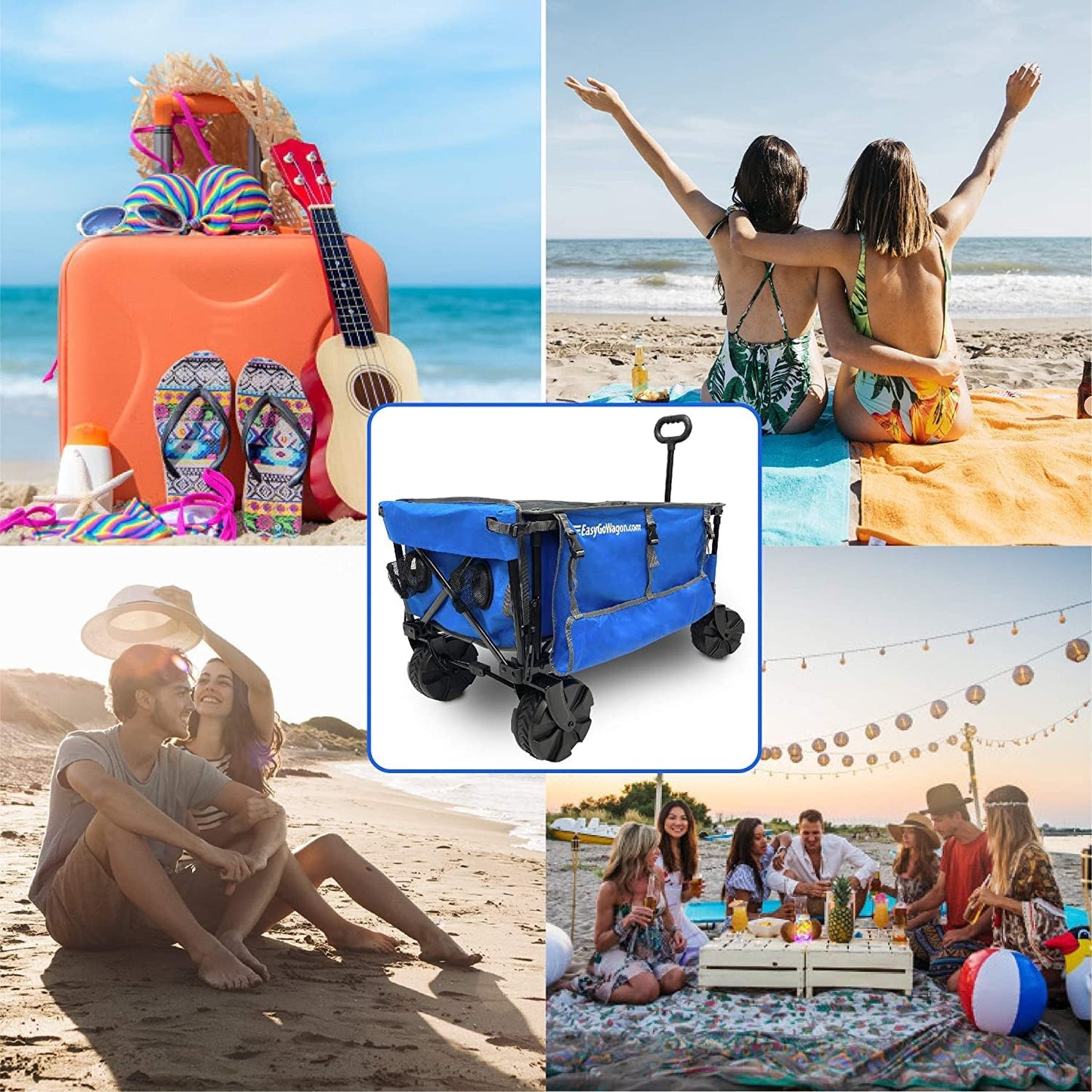 Deluxe Folding Beach Wagon Big Wheel Beach Cart w/ Folding Beach Table and Side Umbrella Holders