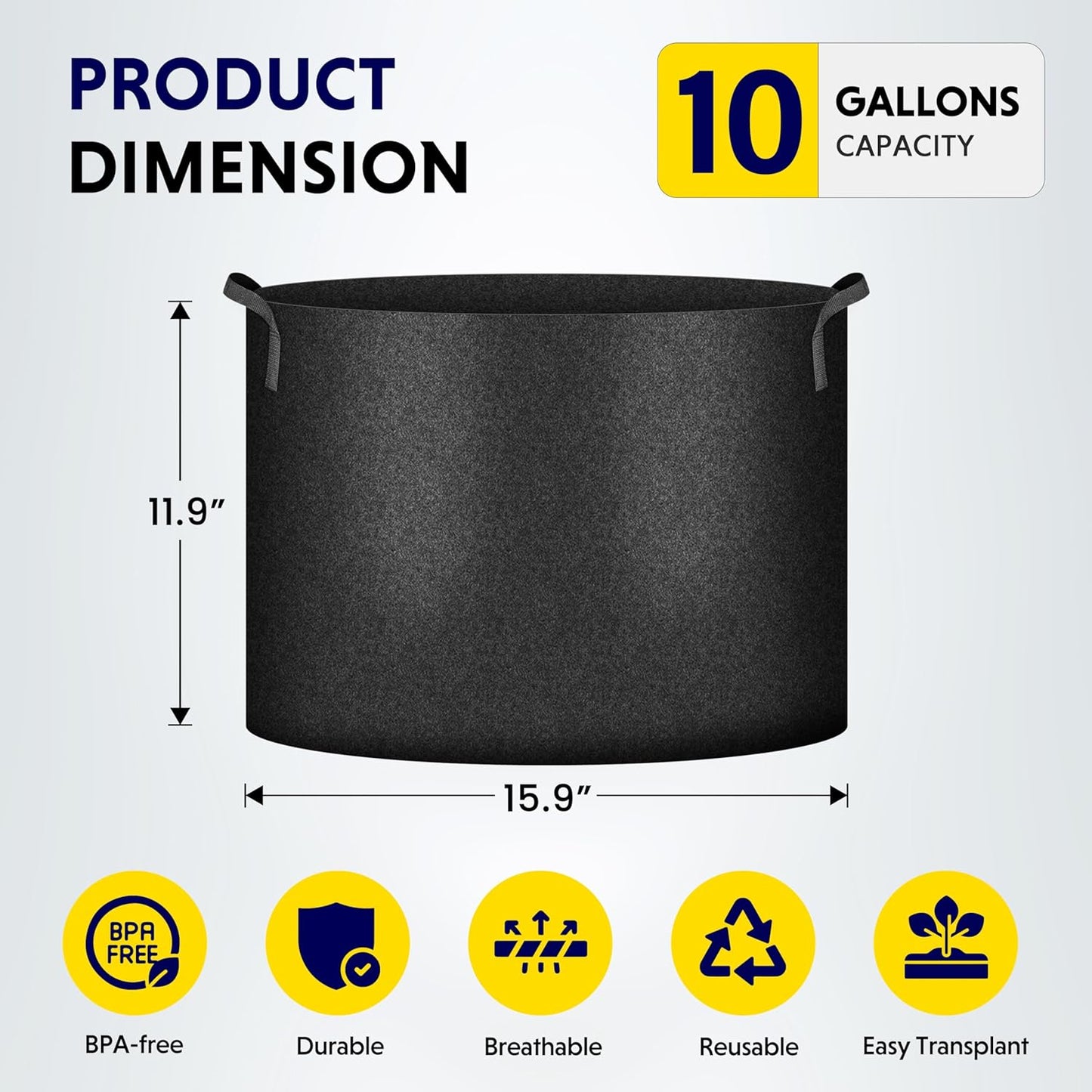 iPower 10-Pack 10-Gallon Grow Bags Nonwoven Fabric Pots Aeration Container with Strap Handles for Garden and Planting, 10 Gallon, Black