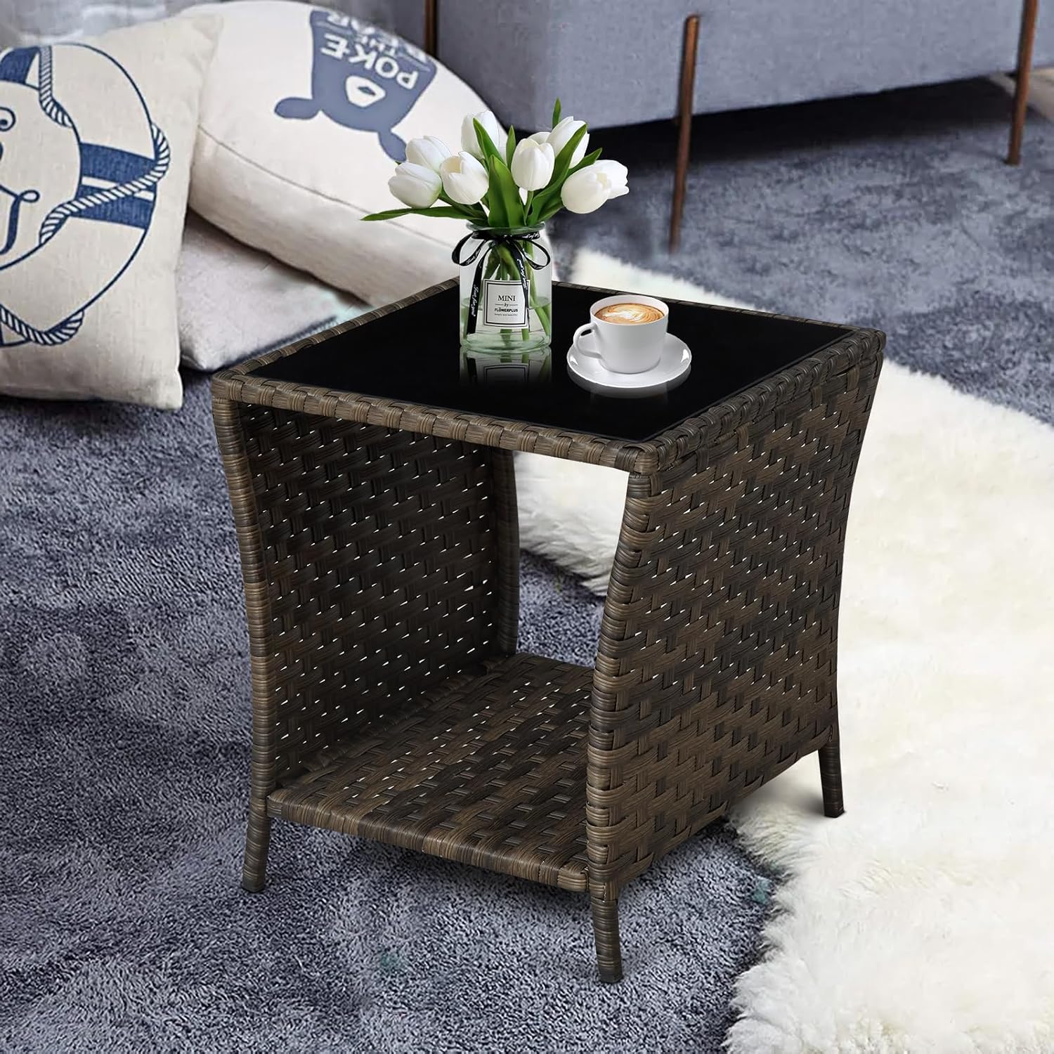 Outdoor Wicker Side Table Rattan Side Tables End Table for Patio with 