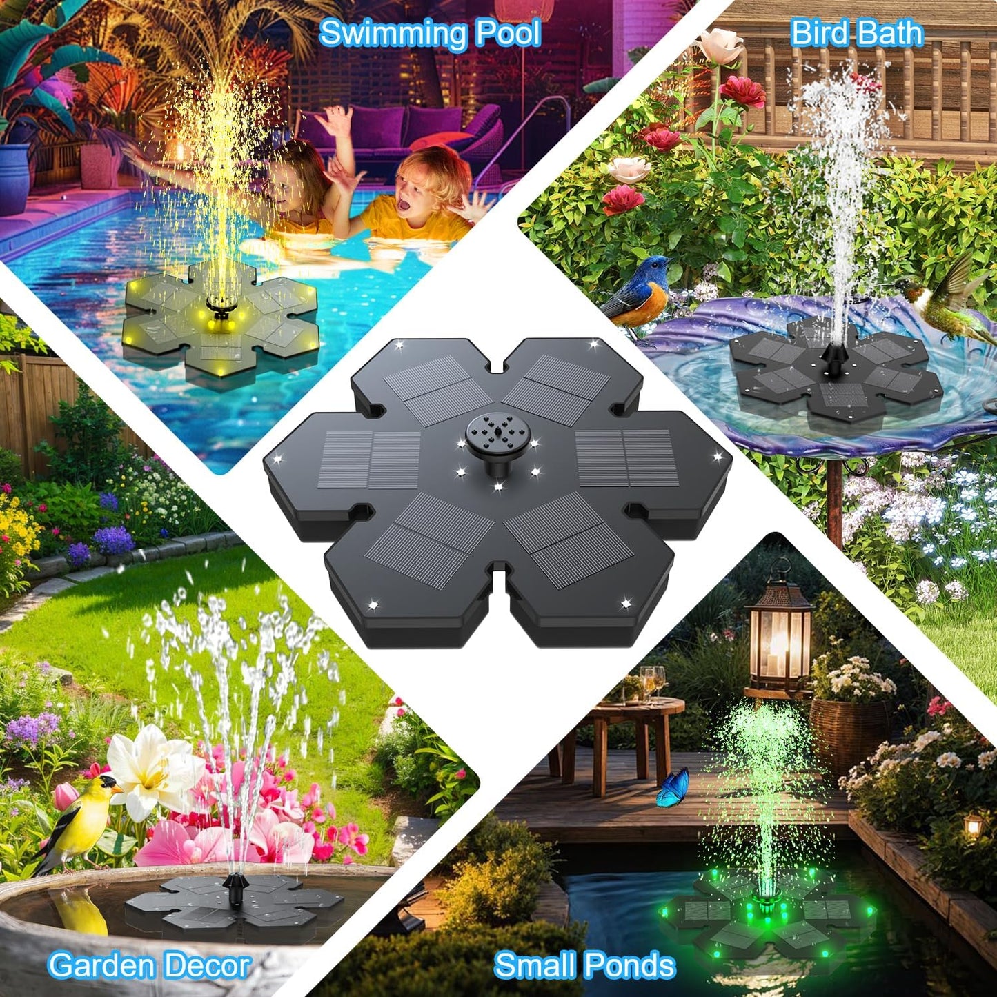 Solar Fountain Snowflake Style, 2025 Upgrade 3.5W Solar Bird Bath Fountains, Solar Powered Water Fountain with 2000mAh Battery, LED Lights, 7 Nozzles for Hummingbird, Garden, Pool, and Pond