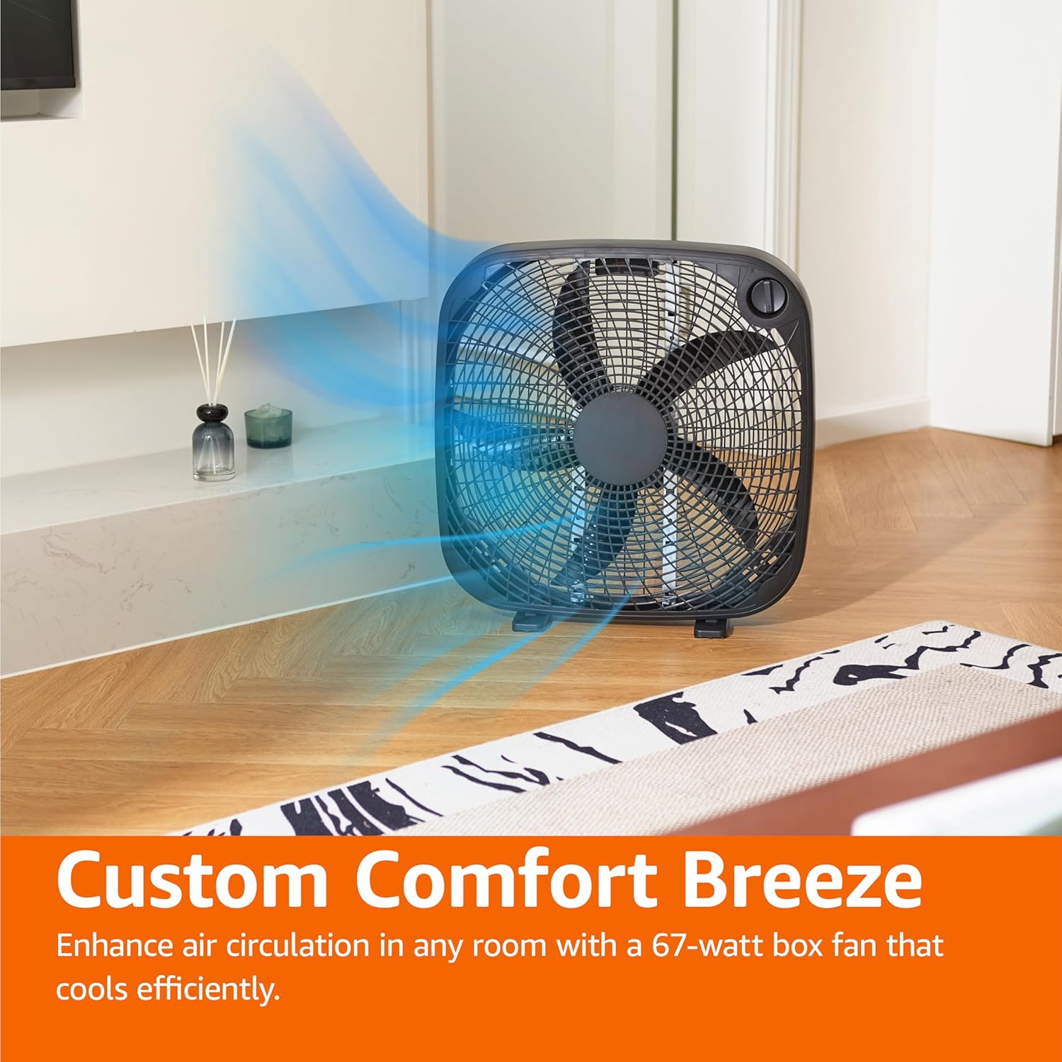 Amazon Basics 3-Speed Box Fan for Bedroom, Portable with Carry Handle,
