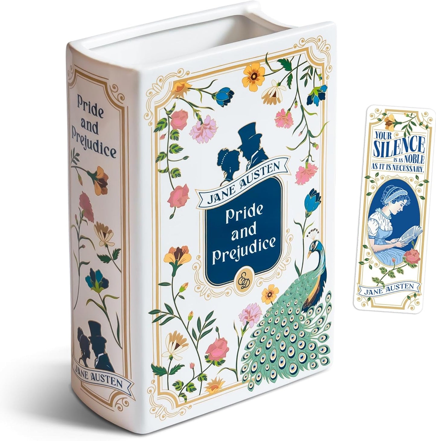 H&H Pride and Prejudice Book Vase for Flowers + Bookmark - Large Ceramic Book Planter Pot - Jane Austen Bookish Decor - Pride and Prejudice Gifts - Bookshelf Vase for Flowers - 2025 Edition