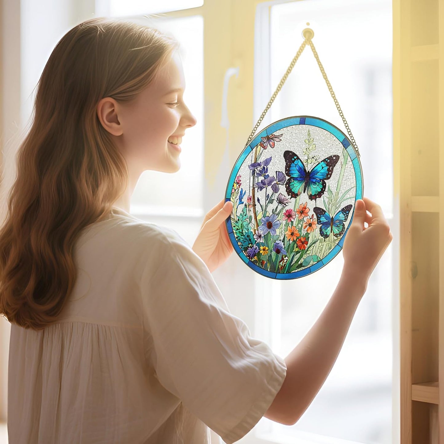 Stained Glass Window Hanging, 8 Inch Butterfly Sun Catchers Indoor Win