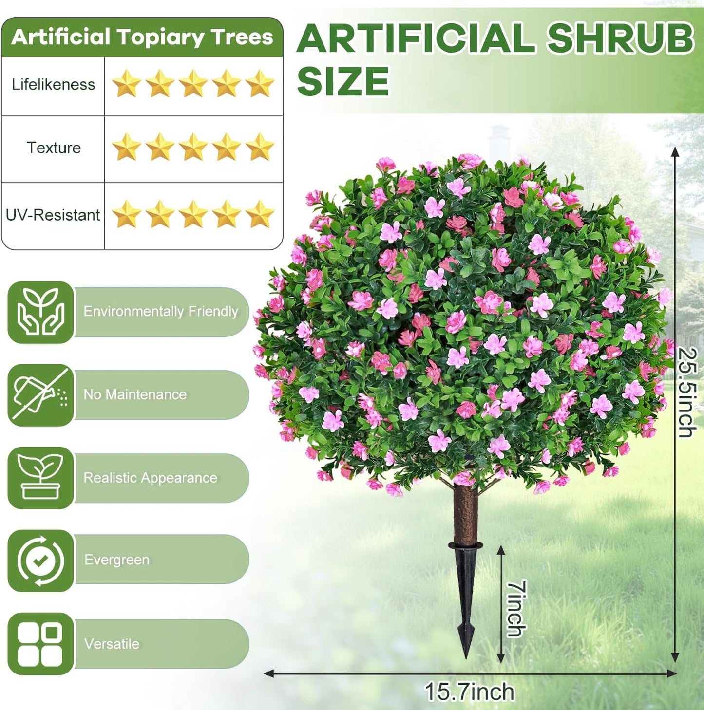 Set of 2 Artificial Boxwood Topiary Ball Trees with Pink Flowers Fake Bushes Plants Outdoor Boxwood Ball with Ground Spike 25.5 Inch UV Resistant Faux Greenery Shrubs for Porch Garden Decor