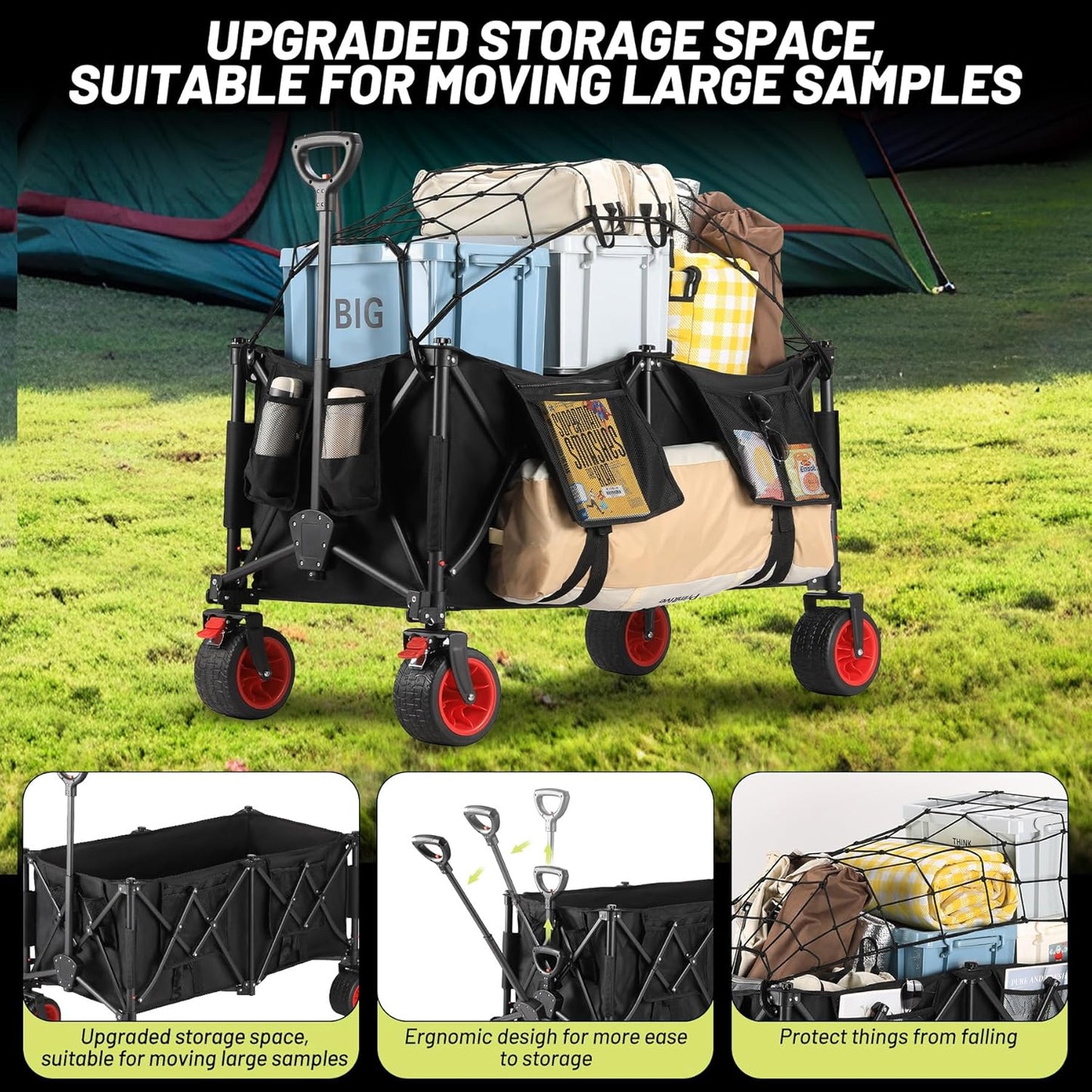 GAOMON 260L Large Collapsible Folding Wagon, Heavy Duty Beach Wagon Cart with Wheels, 400 Lbs Capacity Folding Shopping Cart with Side Bag and Cup Holders for Sports, Camping, Garden