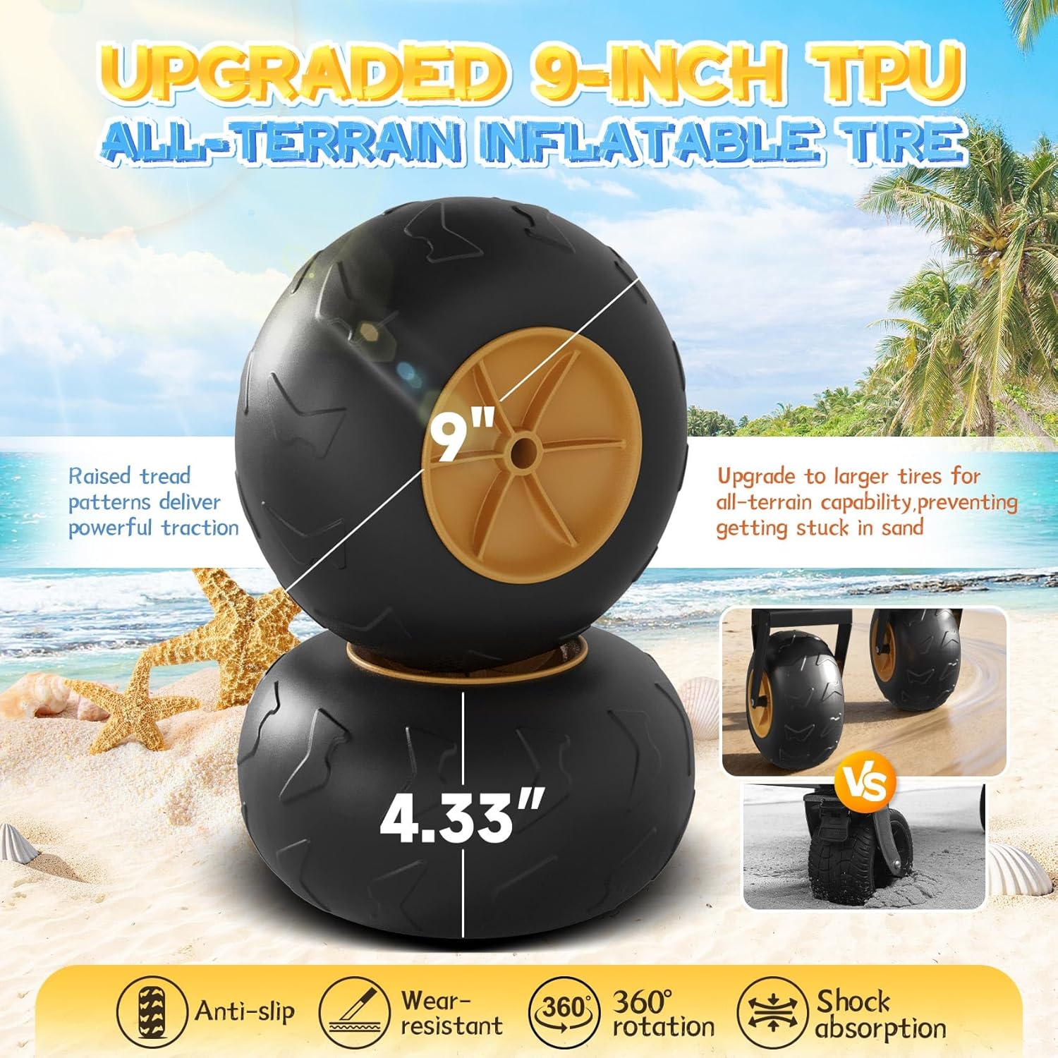 𝐔𝐩𝐠𝐫𝐚𝐝𝐞 Beach Wagon with Big Wheels for Sand, Double-Layer, 9" 