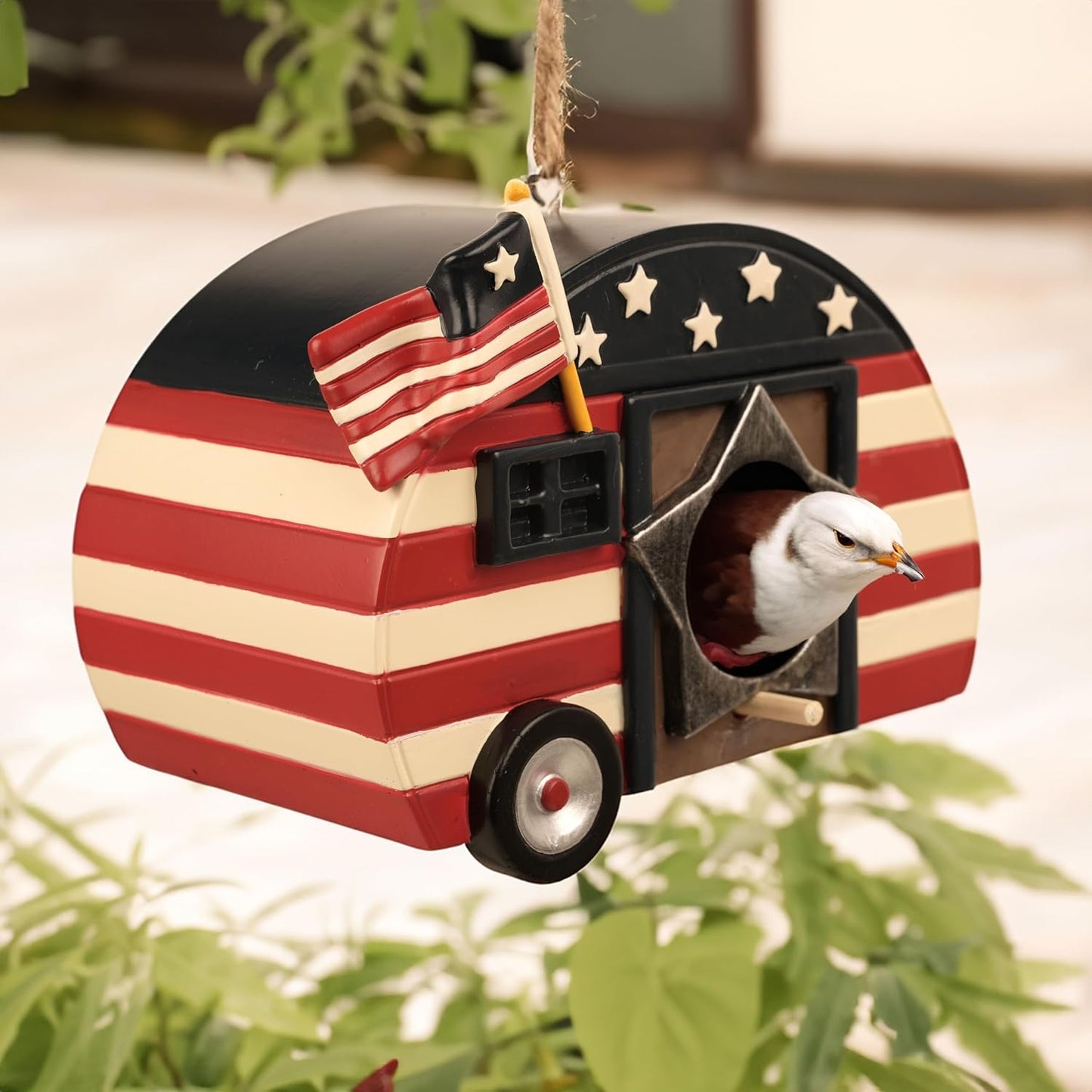 Hanging Bird House for Outside, Hand-Painted American Flag Cute Birdho