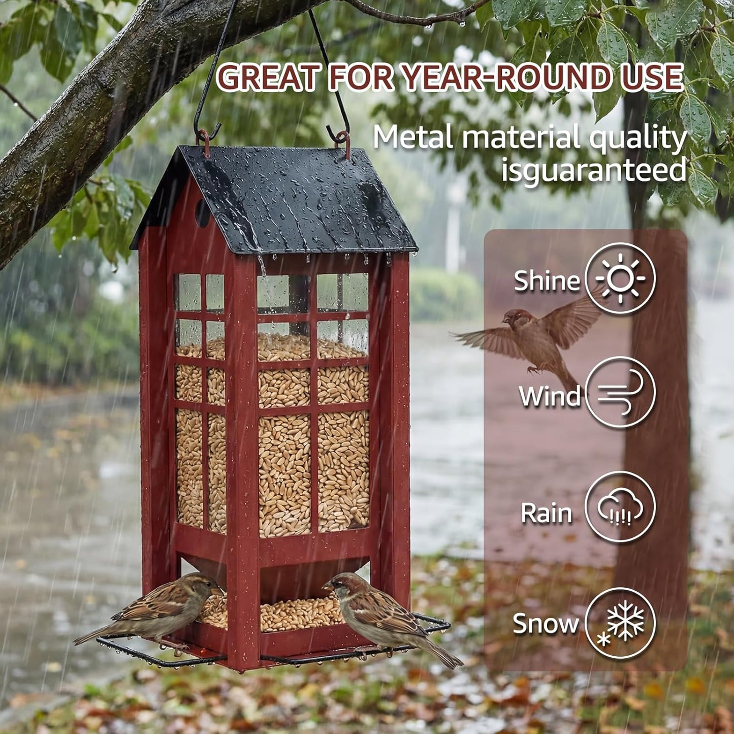 Rectangular Hanging Bird Feeder for Outdoor Use, Metal Bird Feeder with Multiple Feeding Ports, Seed Feeder for Wild Birds, Garden Yard Patio Bird Feeder