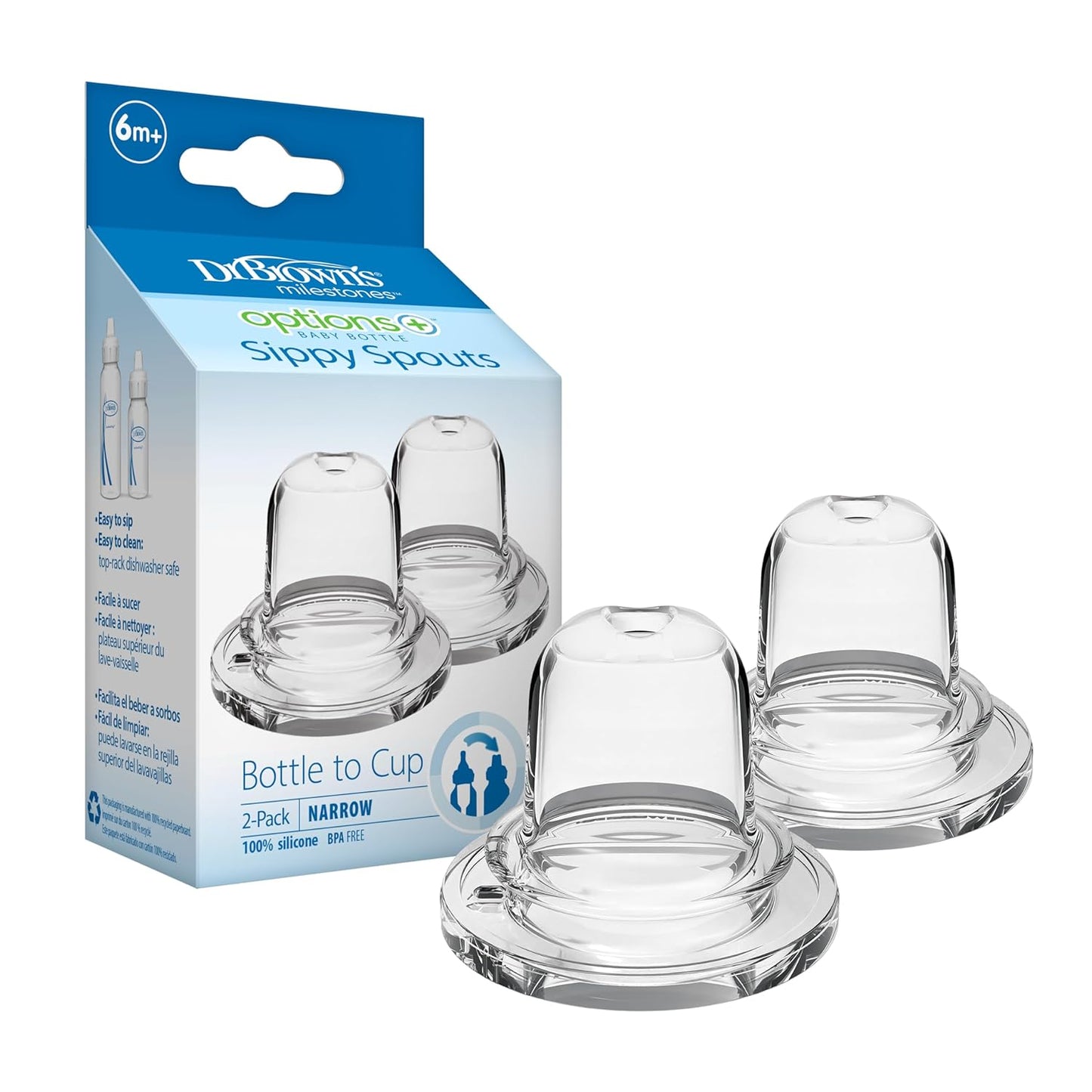 Dr. Brown’s Milestones Options+ Sippy Spouts, 2-Pack Narrow, Soft 100% Silicone Baby Bottle Sippy Spout, 6m+