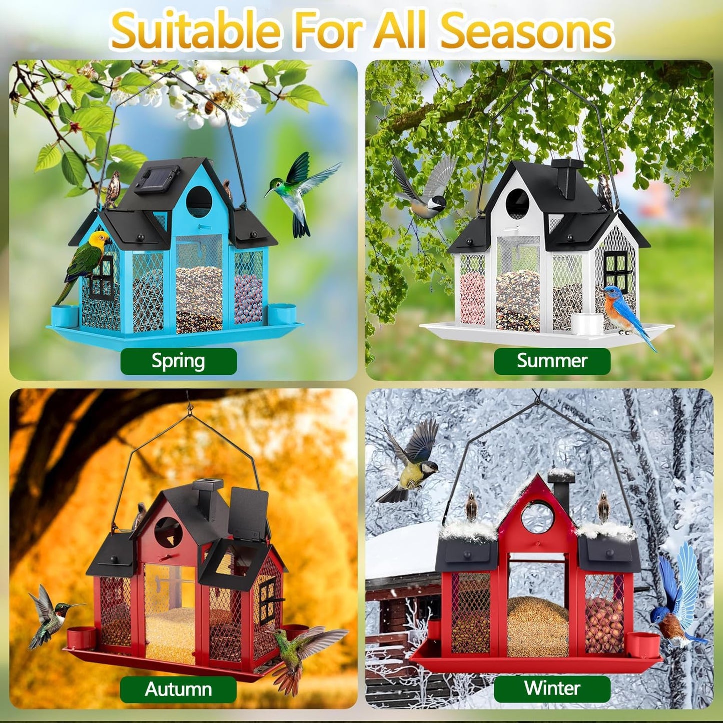 Solar Bird Feeders for Outdoors,Bird House Feeder,Hanging Metal Mesh Wild Window Large Finch Cardinal Nest Houses Garden Decoration Squirrel Proof (White)