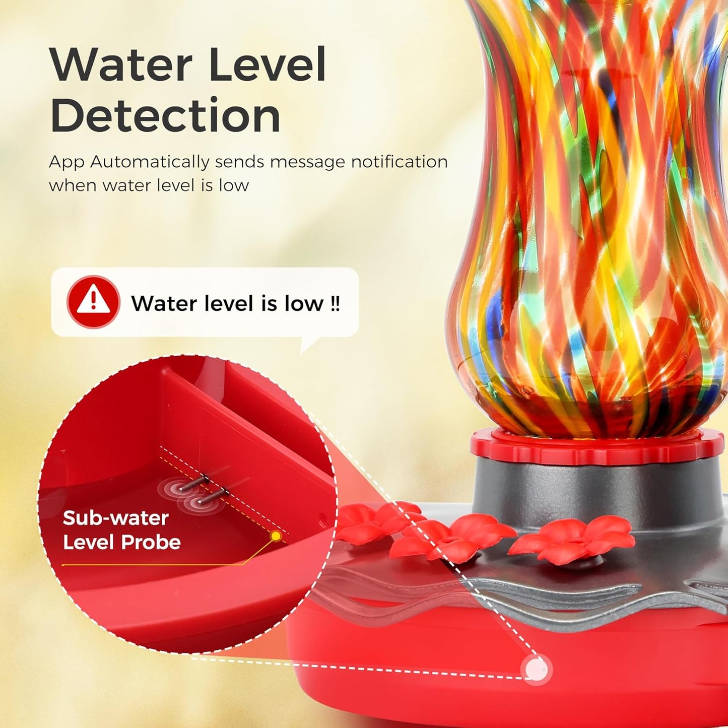 TT Nature Glass Smart Hummingbird Feeder with Camera Solar Powered 2K- AI Identify & Water Detection, Instant Notification, Leakproof & Ant Moat, Compatible with Alexa & Google Assistant