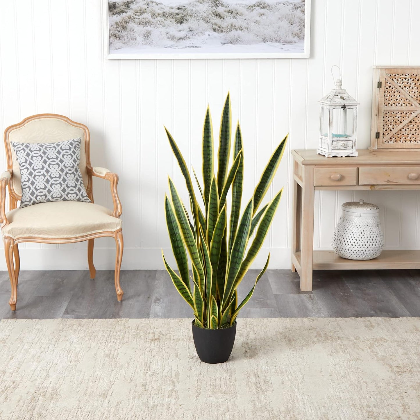 Nearly Natural 4-ft Artificial Tall Snake Plant Sansevieria, Yellow Faux Snake Plant for Indoor Home Decor in Black Decorative Planter, 48-in Large Fake Plant for Office, Living Room, Bedroom