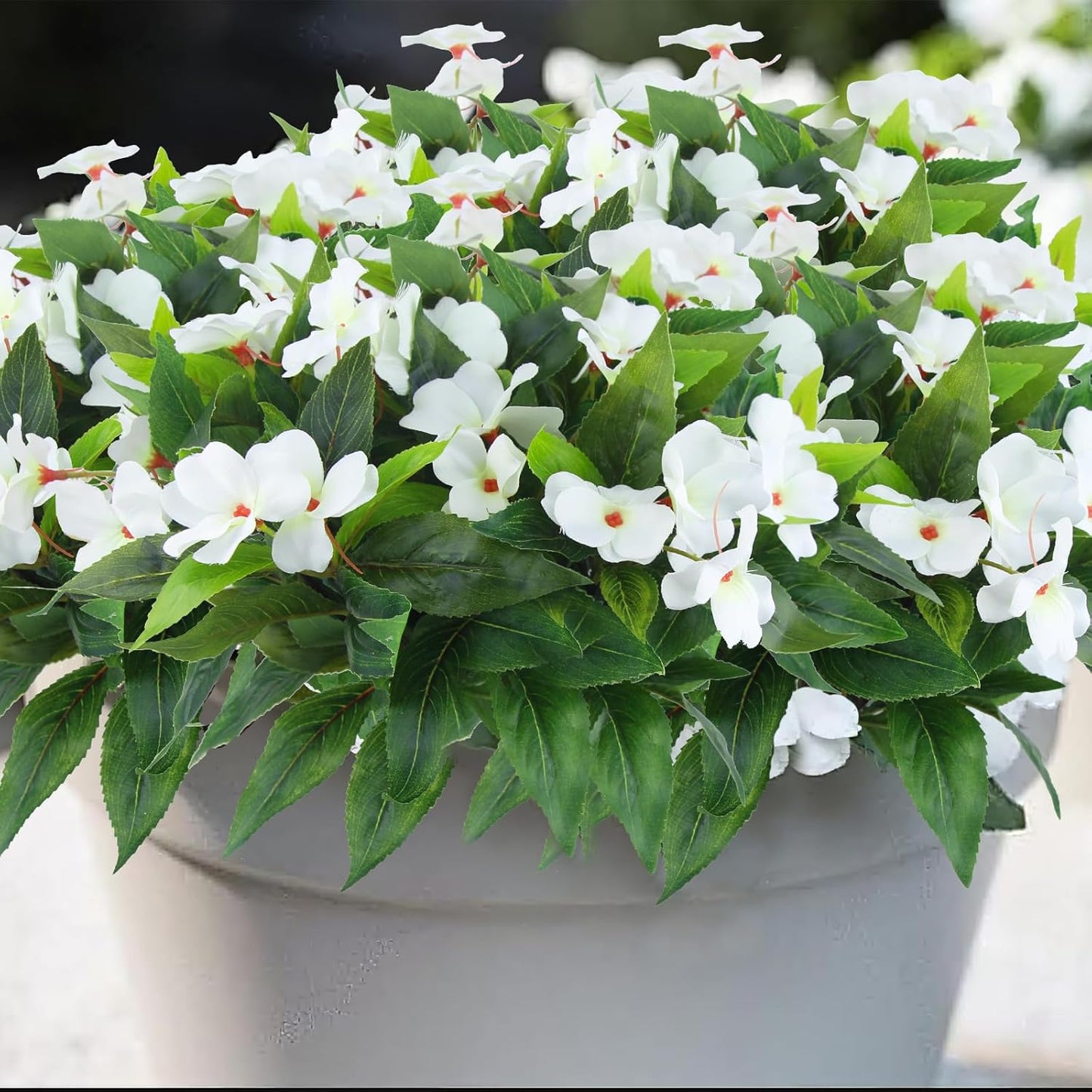 2 Pcs Artificial Impatiens Flowers for Outdoors Faux Impatiens Bushes White Silk Flowers Greenery Artificial Impatiens Bouquet for Patio Lawn Garden Pot Hanging Basket Porch Decoration